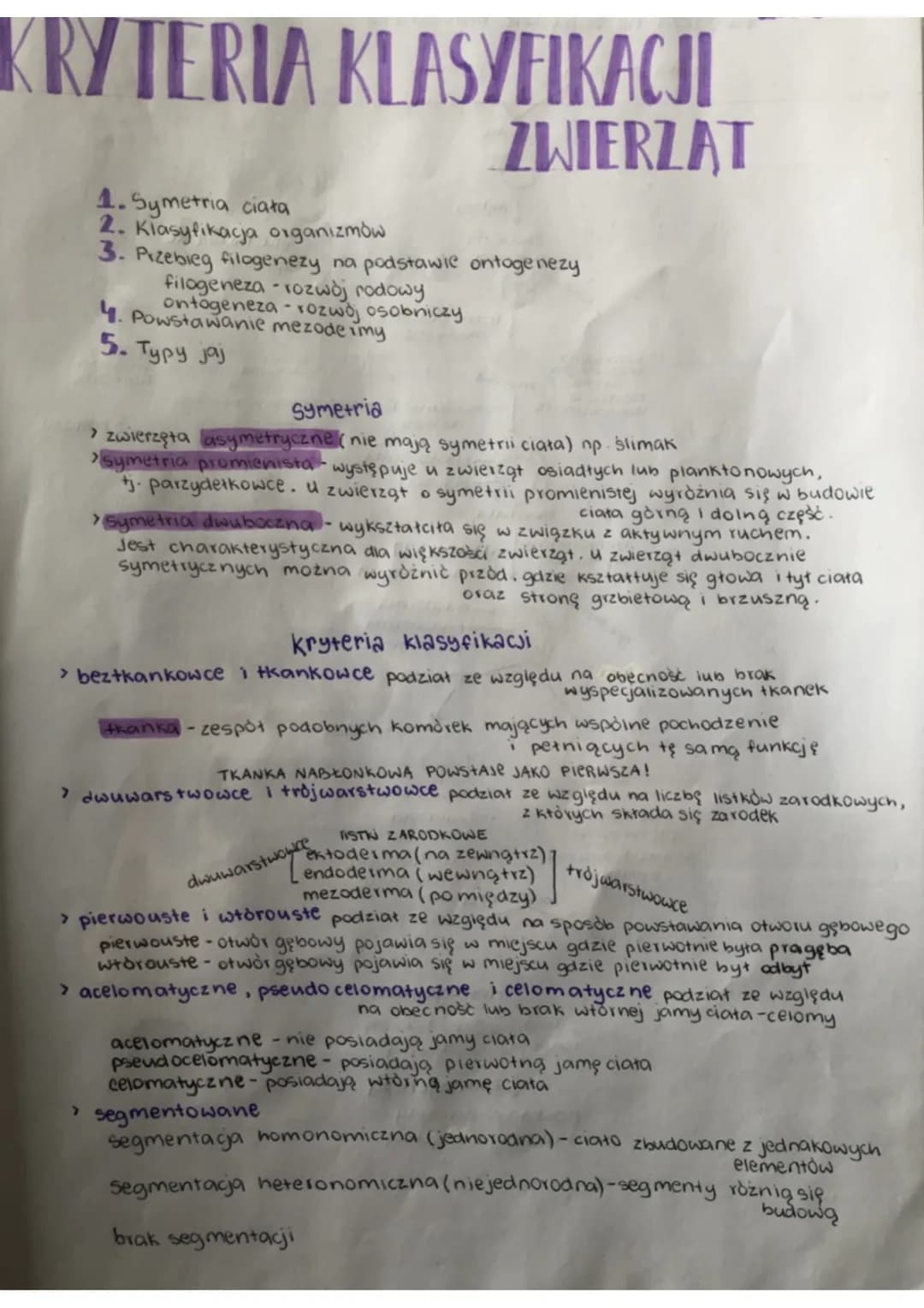 Kryteria klasyfikacji zwierząt (Biologia rozszerzona) - Notatka, Test, Prezentacja, PDF