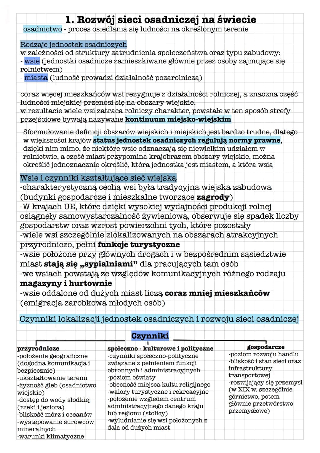 1. Rozwój sieci osadniczej na świecie
osadnictwo - proces osiedlania się ludności na określonym terenie
Rodzaje jednostek osadniczych
w zale