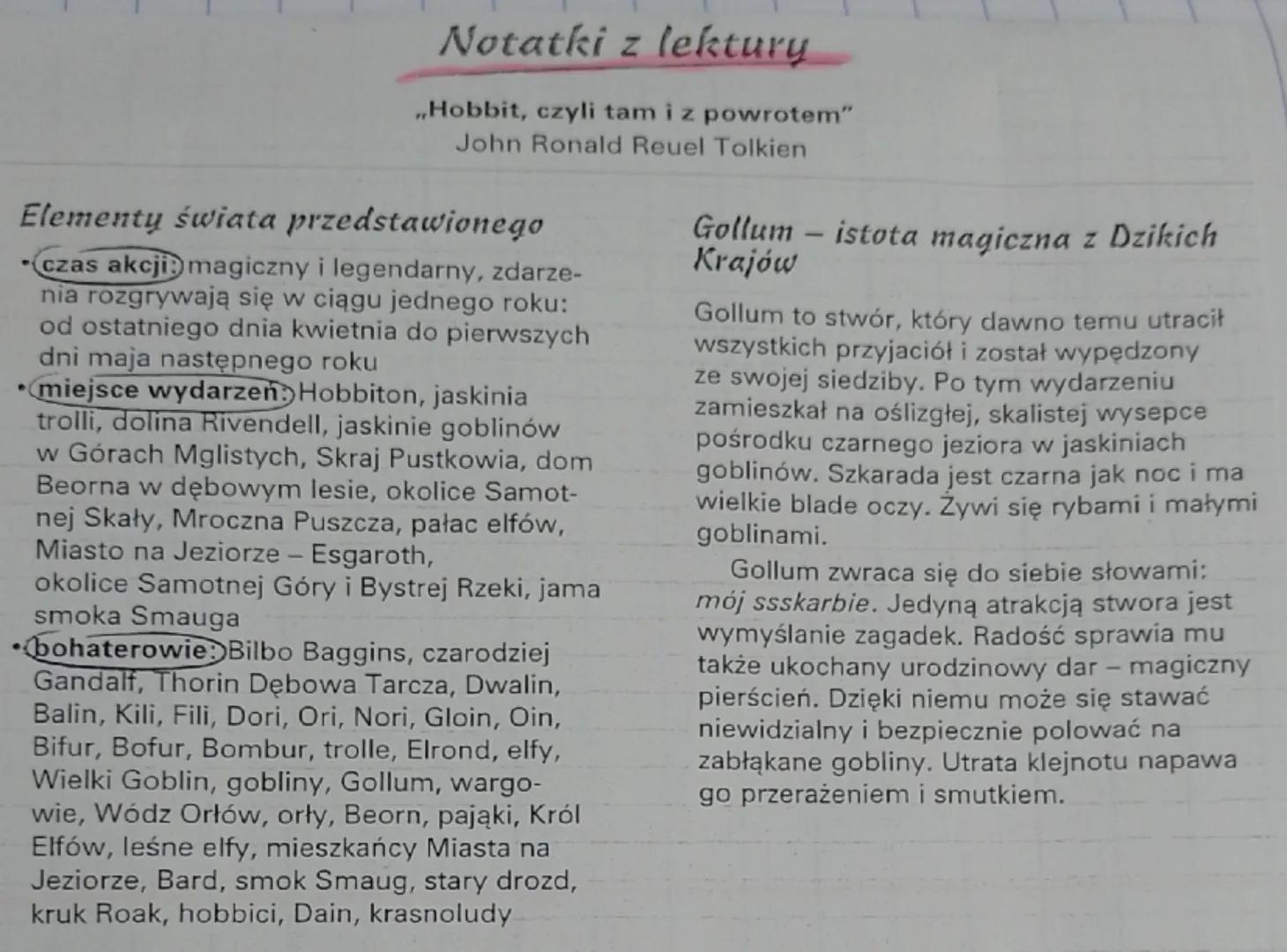 # Notatki z lektury
„Hobbit, czyli tam i z powrotem"
John Ronald Reuel Tolkien

# Elementy świata przedstawionego
- **czas akcji:** magiczny