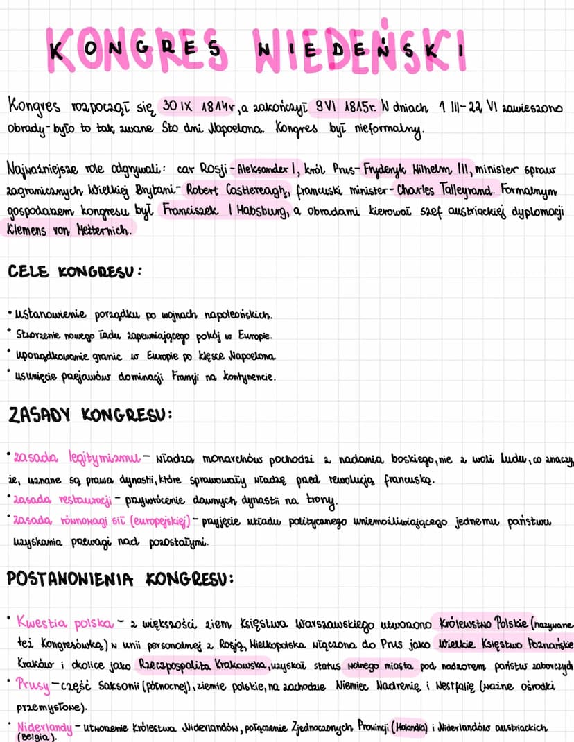 KONGRES NIEDEŃSKI
Kongres rozpoczął się 30 lx 1814r, a zakończył 9 VI 1815r. W dniach 1 11-22 VI zawieszono
obrady- było to tak zwane Sto dn