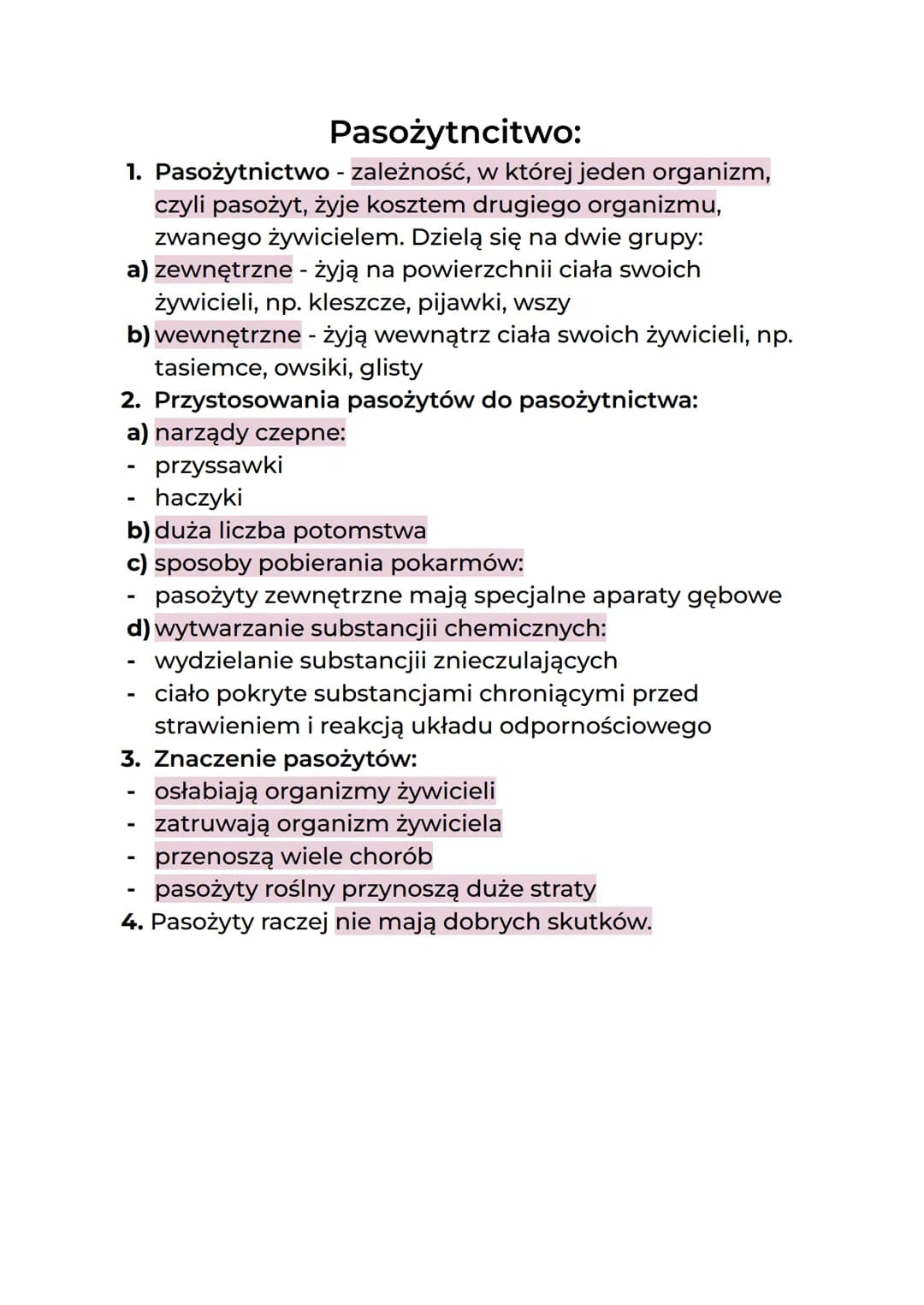 Pasożytncitwo:
1. Pasożytnictwo -zależność, w której jeden organizm,
czyli pasożyt, żyje kosztem drugiego organizmu,
zwanego żywicielem. Dzi