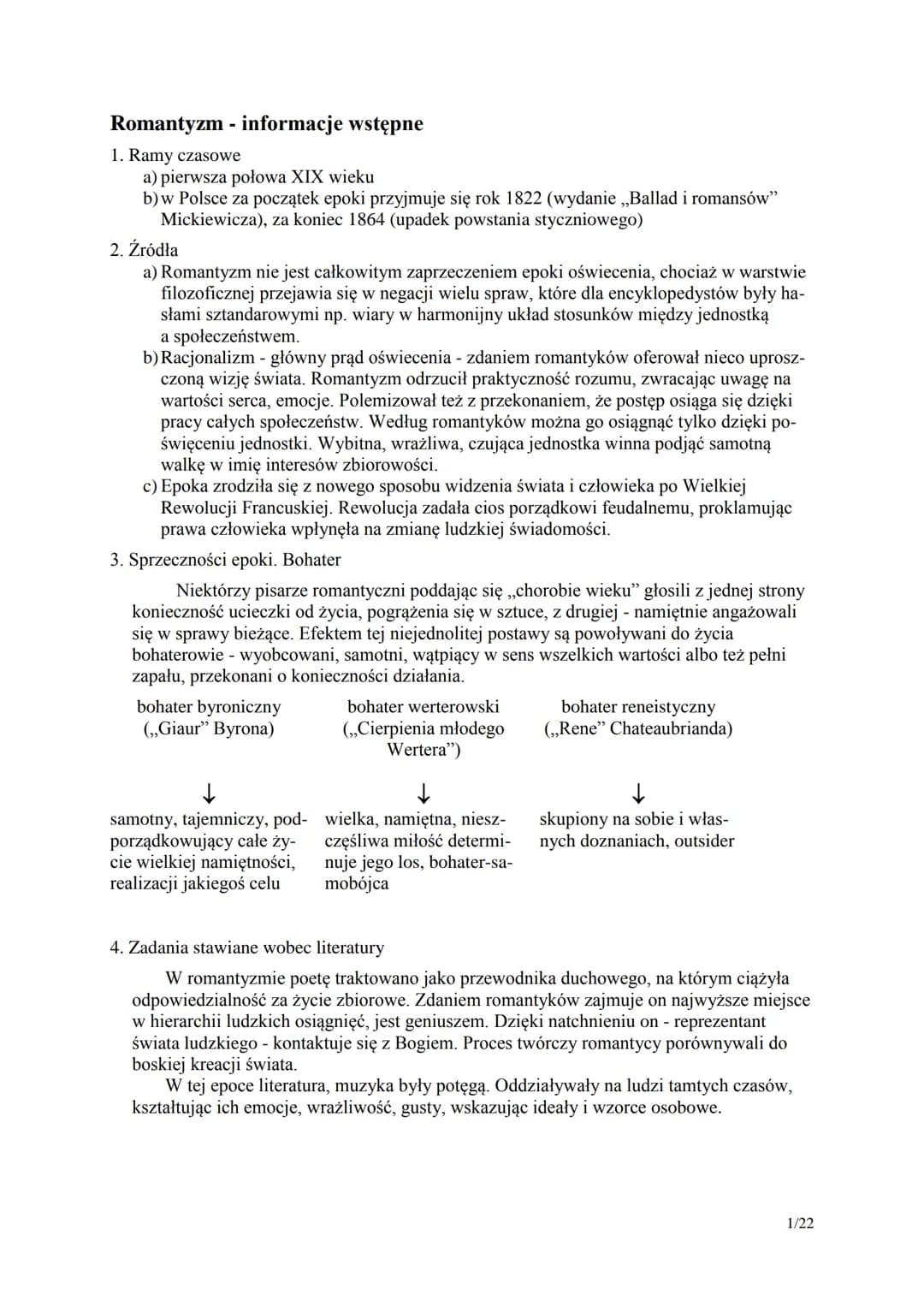Romantyzm - informacje wstępne
1. Ramy czasowe
a) pierwsza połowa XIX wieku
b) w Polsce za początek epoki przyjmuje się rok 1822 (wydanie ,,