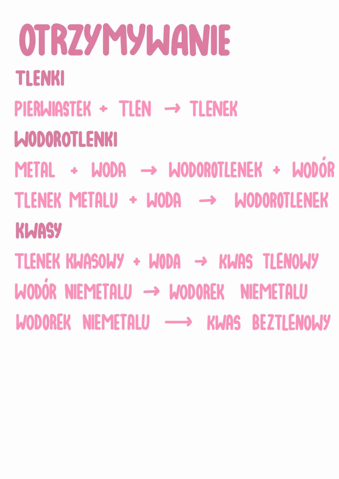 OTRZYMYWANIE SOLI
REAKCJA ZOBOJĘTNIANIA
KWAS + ZASADA →→ SÓL + WODA
REAKCJA STRĄCENIOWA
SÓL 1 + KWAS 1 → SÓL 2✦✦ KWAS 2
SÓL1 + ZASADA 1 → SÓ