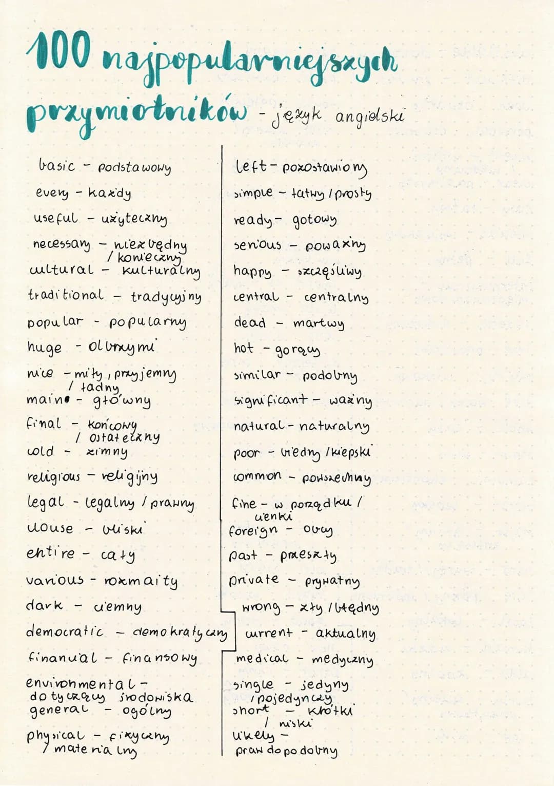 100 najpopularniejszych
przymiotników - język angielsked
basic.
every - kazdy
useful. użyteczny.
necessary
cultural
traditional
Podstawowy
-