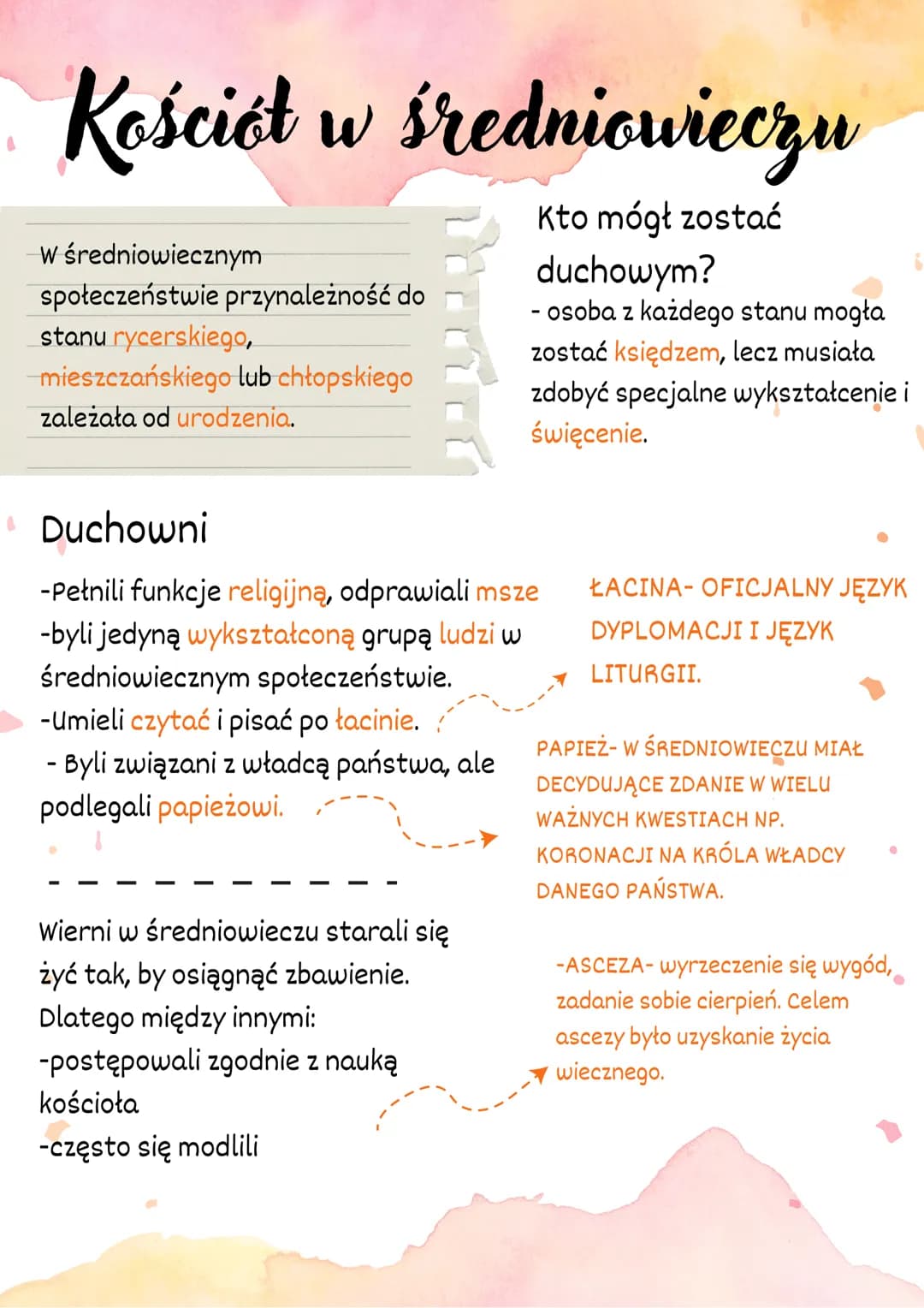 Kościół w średniowieczu
Kto mógł zostać
duchowym?
- osoba z każdego stanu mogła
zostać księdzem, lecz musiała
zdobyć specjalne wykształcenie