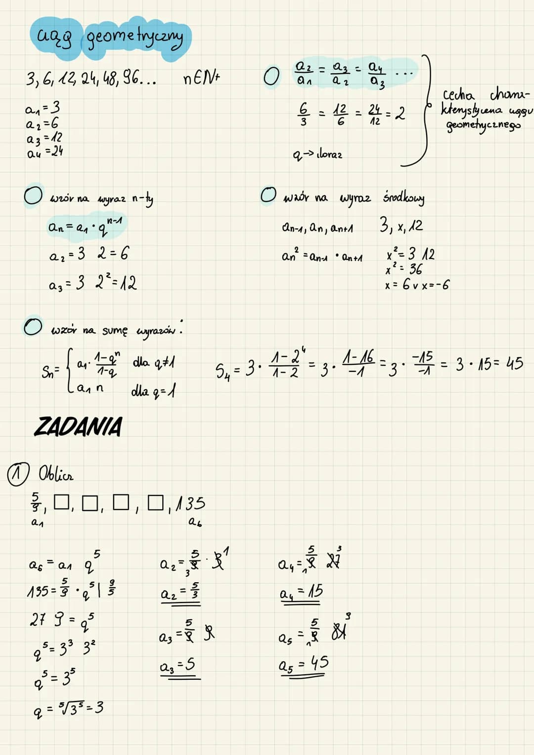 aag geometryczny
3,6, 12, 24, 48, 96...
a₁=3
92=6
= 12
аз
= 24
au
O wzór na wyraz n-ty
n2-1
an = a₁ °q"²"
a₂=32=6
a₂ = 3 2² = 12
O wzór na s