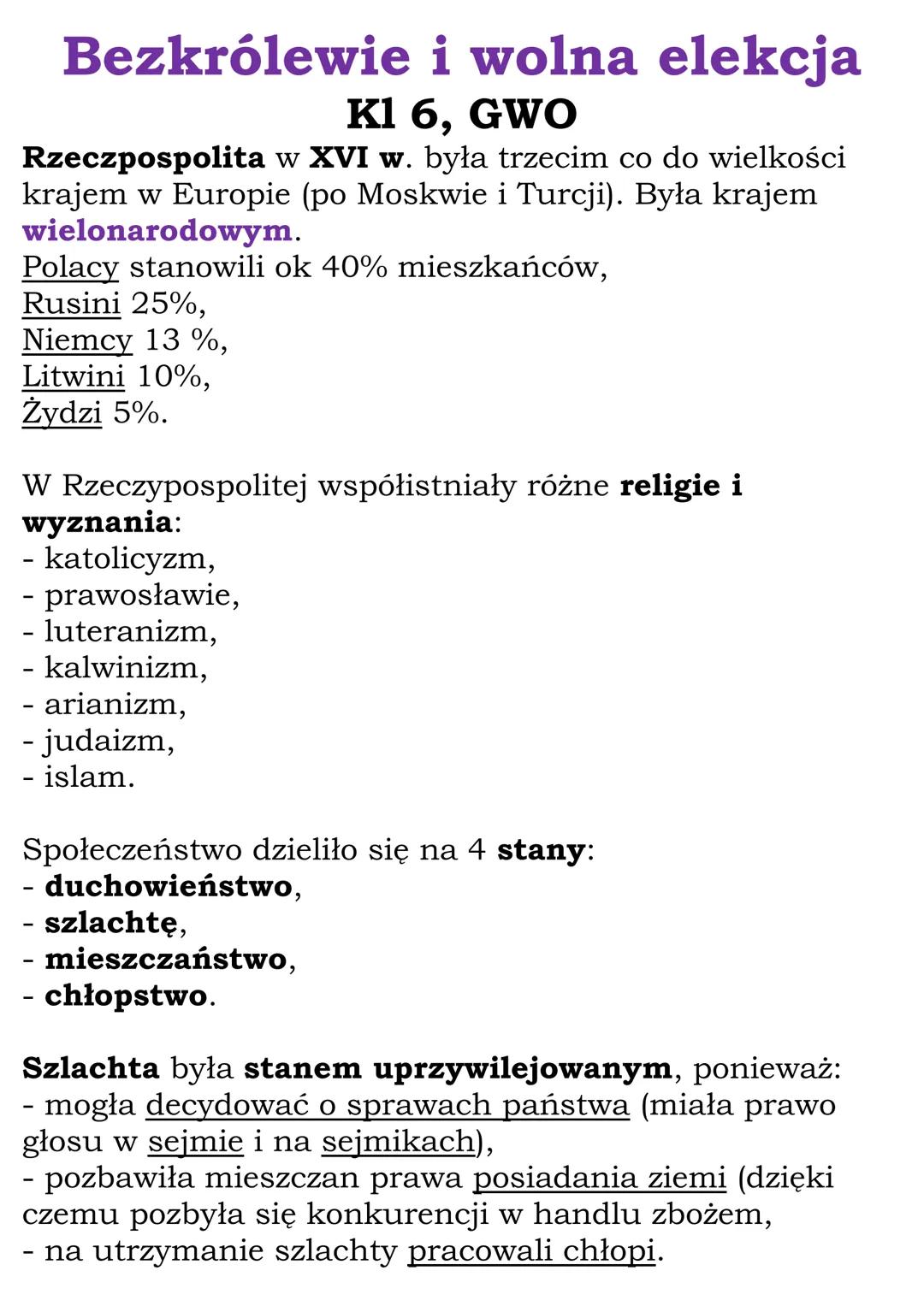 Bezkrólewie i wolna elekcja
K1 6, GWO
Rzeczpospolita w XVI w. była trzecim co do wielkości
krajem w Europie (po Moskwie i Turcji). Była kraj