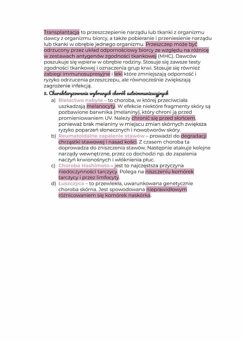 Zaburzenia funkcjonowania układu
odpornościowego
1. Analizowanie zaburzeń funkcjonowania układu odpornościowego - nadmiernej lub
osłabionej 