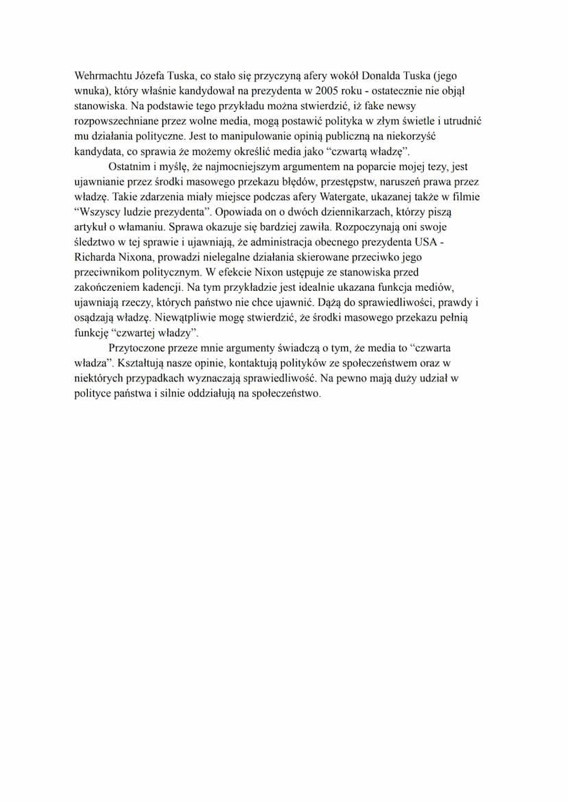 MEDIA TO CZWARTA WŁADZA
Celem moich rozważań jest "czwarta władza". Dlaczego media są tak określane?
Czy słusznie? Jak duży wpływ mają na op