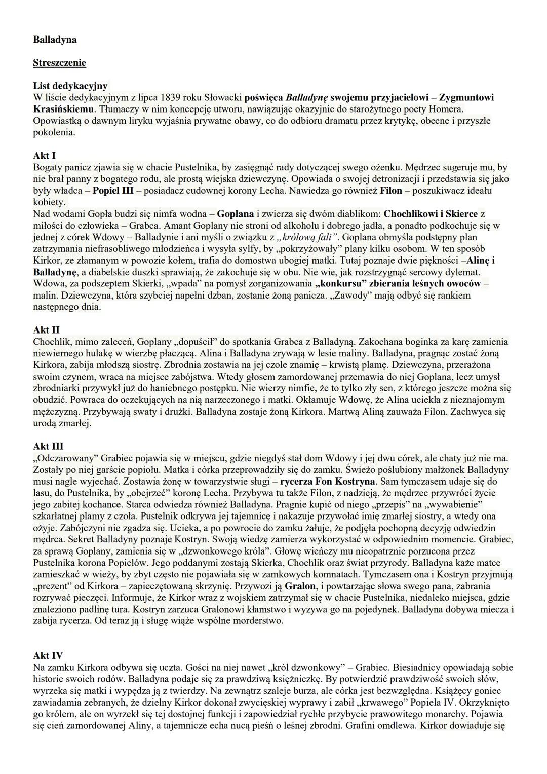 Balladyna
Streszczenie
List dedykacyjny
W liście dedykacyjnym z lipca 1839 roku Słowacki poświęca Balladynę swojemu przyjacielowi - Zygmunto