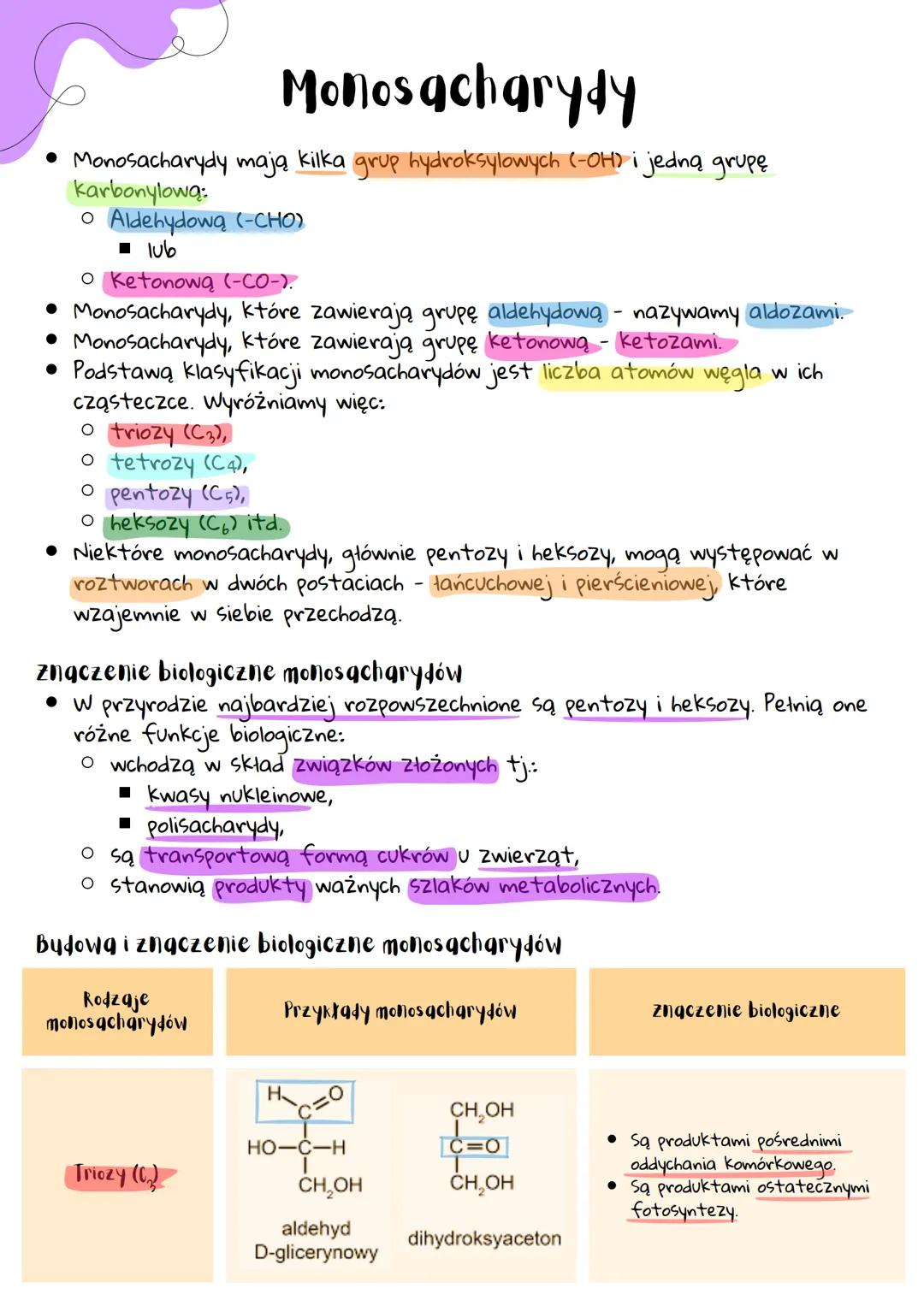Monosacharydy
• Monosacharydy mają kilka grup hydroksylowych (-OH) i jedną grupę
karbonylową:
o Aldehydową (-CHO)
■lub
o Ketonową (-CO-).
• 