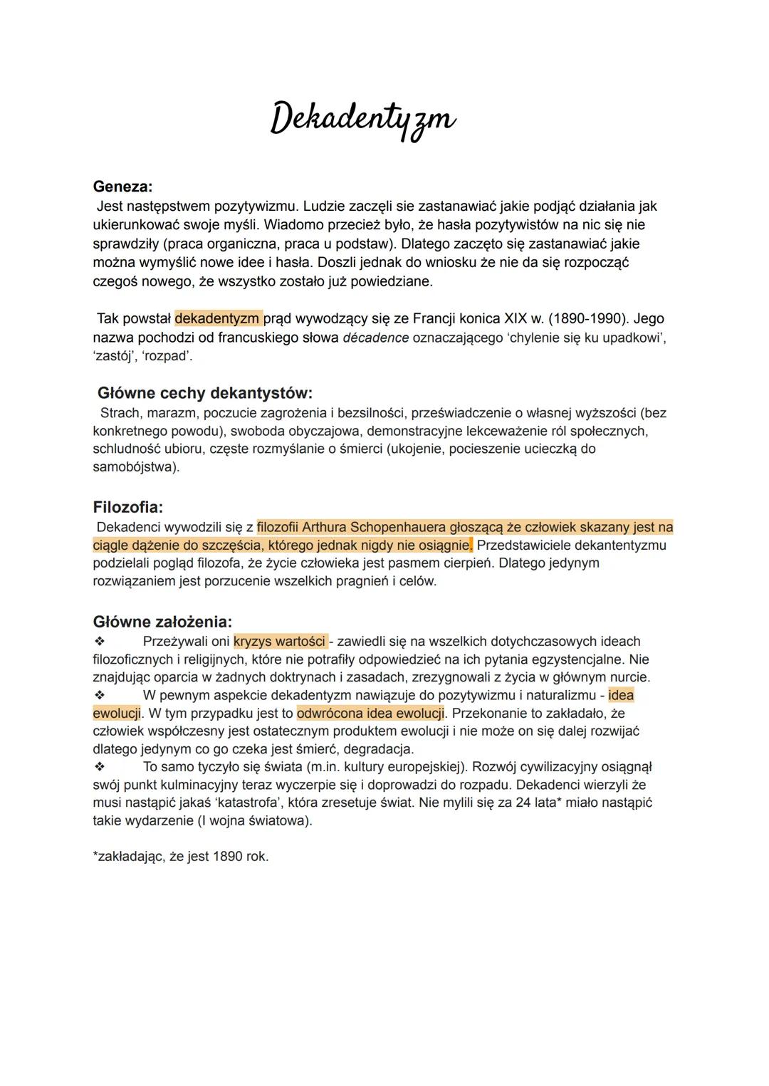 Dekadentyzm
Geneza:
Jest następstwem pozytywizmu. Ludzie zaczęli sie zastanawiać jakie podjąć działania jak
ukierunkować swoje myśli. Wiadom