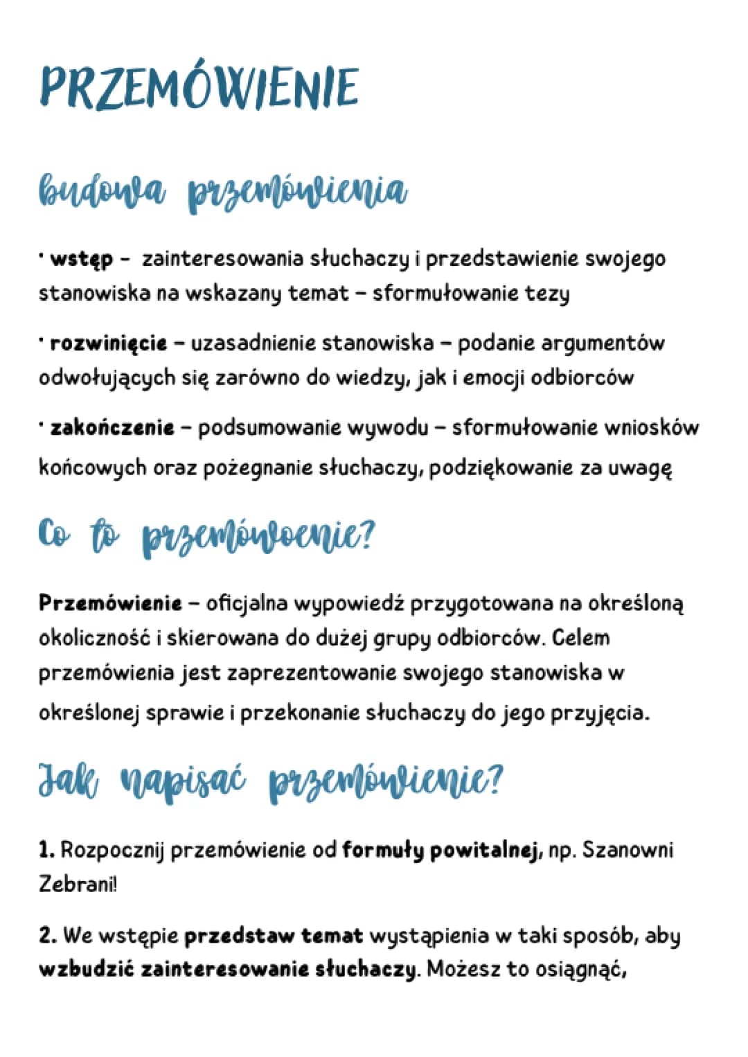 PRZEMÓWIENIE
budowla przemówienia
* wstęp - zainteresowania słuchaczy i przedstawienie swojego
stanowiska na wskazany temat - sformułowanie 