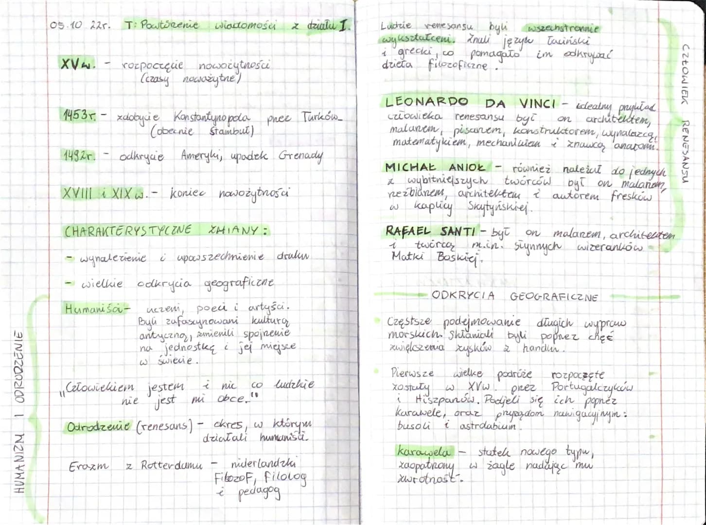 1 ODRODZENIE
HUMANIZM
05.10 22r. T: Powtorenie wiadomośc z działu I.
XV w.
-
-
1453 r. - xdobycie Konstantynopola phez Turków_
(obecnie Stam