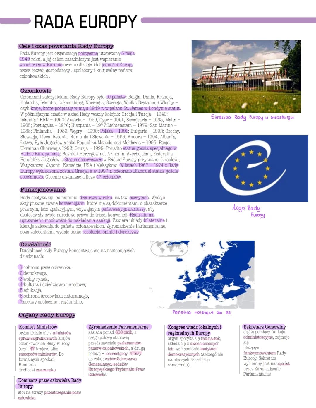 
<h2 id="celeiczaspowstaniaradyeuropy">Cele i czas powstania Rady Europy</h2>
<p>Rada Europy jest organizacją polityczną utworzoną 5 maja 19