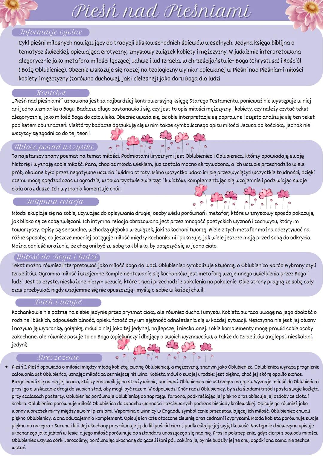 Pieśń nad Pieśniami
Informacje ogólne
Cykl pieśni miłosnych nawiązujący do tradycji bliskowschodnich śpiewów weselnych. Jedyna księga biblij