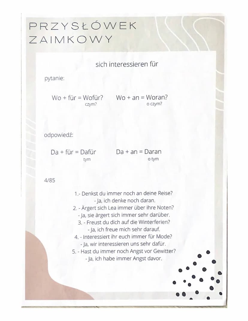 Rekcja
• sich interesieren für - interesować się czymś
• sein für/gegen - być za czymś/ przeciw
• sich beschäftigen mit- zajmować się czymś
