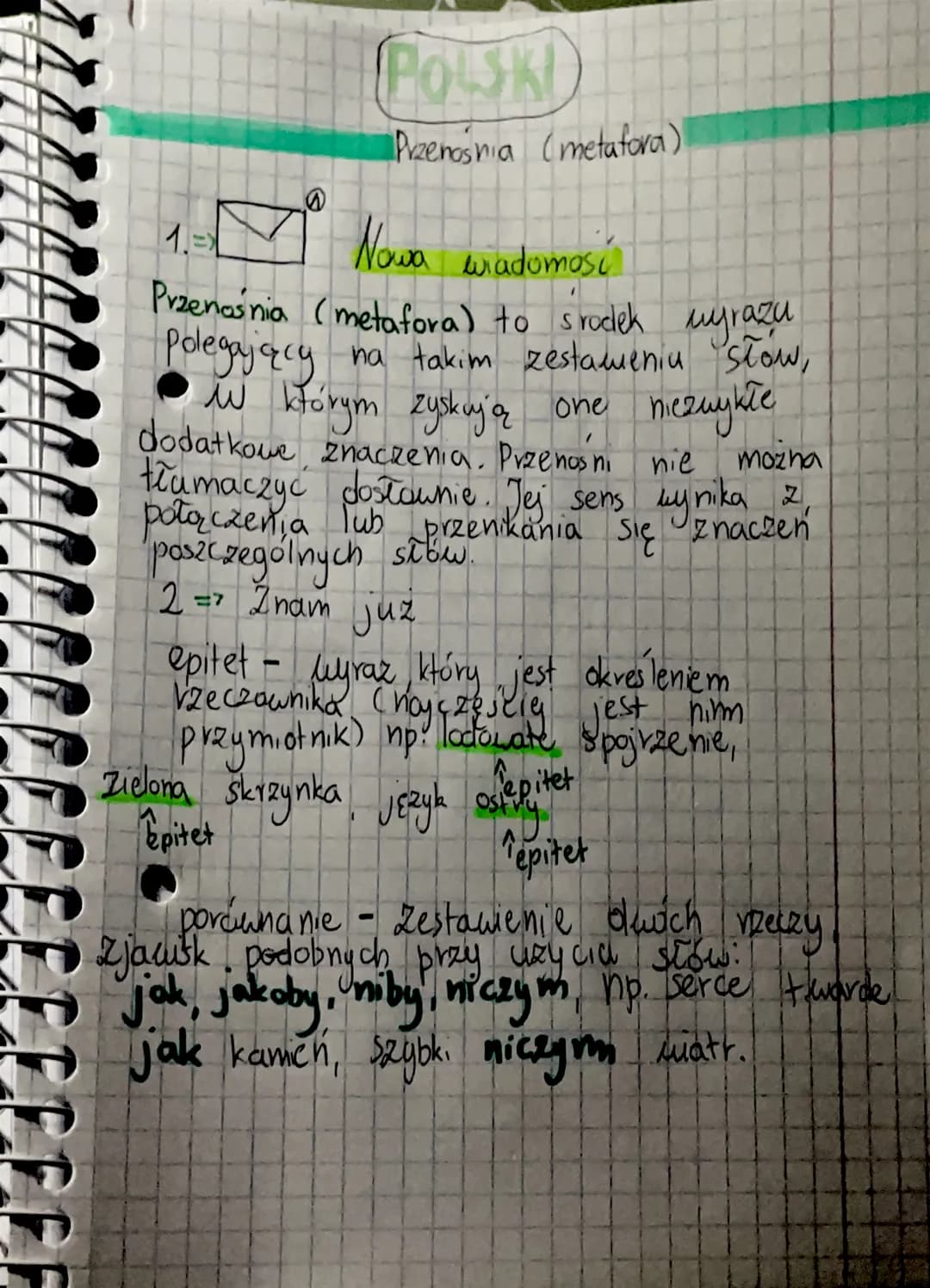 POLSKI
Przenosnia (metafora)
1=X
Nowa wiadomosi
Przenośnia (metafora) to srodek wyrazu
Polegający na takim zestameniu słów,
w którym zyskują