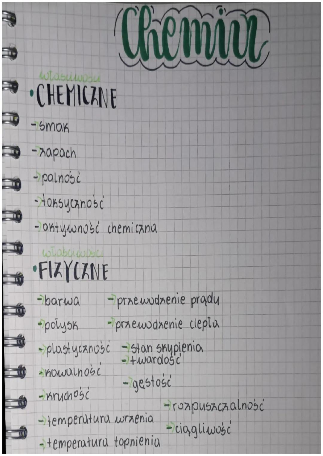 widsuwpay
CHEMICZNE
Chemin
-smak
-napach
-palność
- toksyczność
-
• aktywność chemiczna
włabaw.xc
•FIZYCZNE
-barwa
-przewodzenie prądu.
→poł