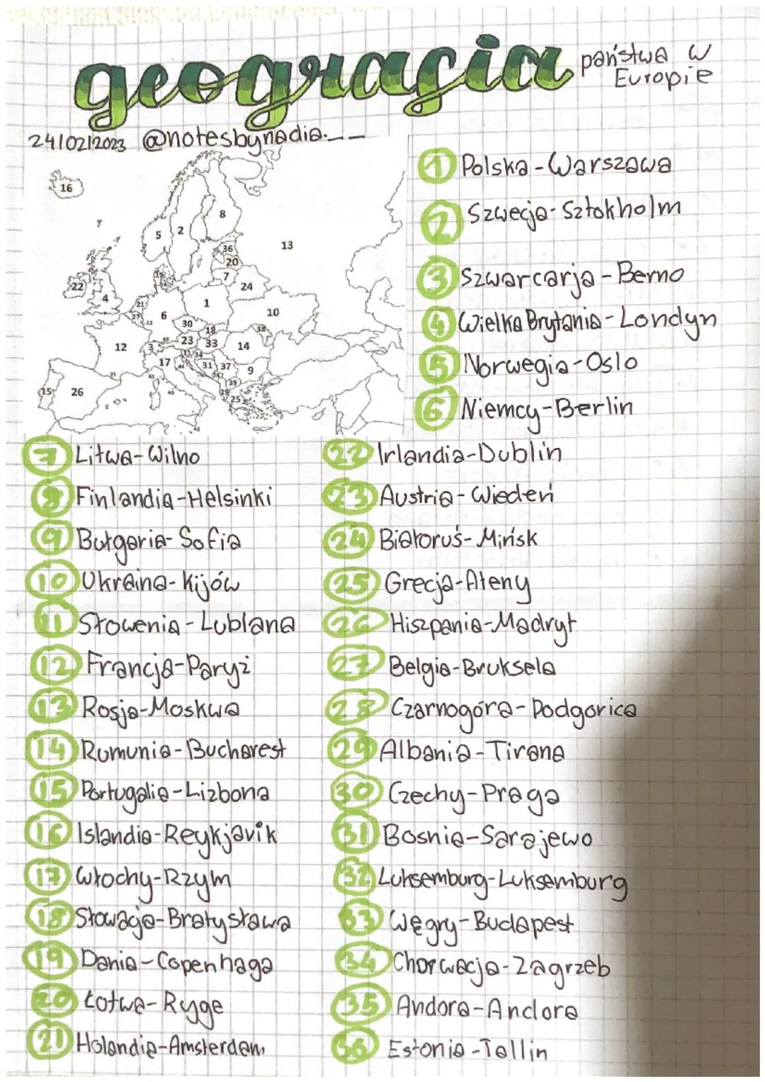 geografia
24/02/2023 @notesbynadia_
16
26
12
17
1
24
14
(11) Włochy-Rzym
10
13
Litwa-Wilno
Finlandia-Helsinki
9 Butgaria-Sofia
no Ukraina- k