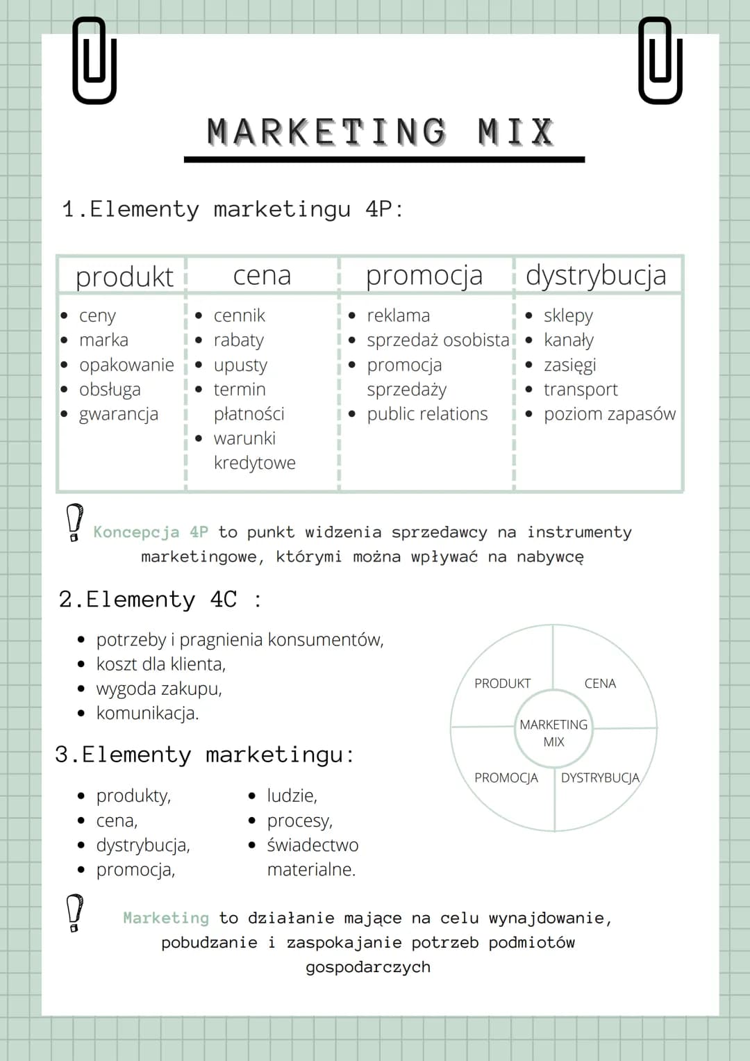 U
1. Elementy marketingu 4P:
●
produkt
ceny
• marka
● opakowanie
obsługa
gwarancja
●
●
?
Koncepcja 4P to punkt widzenia sprzedawcy na instru