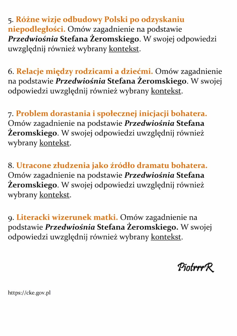 Stefan Żeromski
Przedwiośnie
Lista pytań jawnych
Matura 2024
1. Jakie znaczenie ma tytuł dla odczytania sensu utworu?
Omów zagadnienie na po