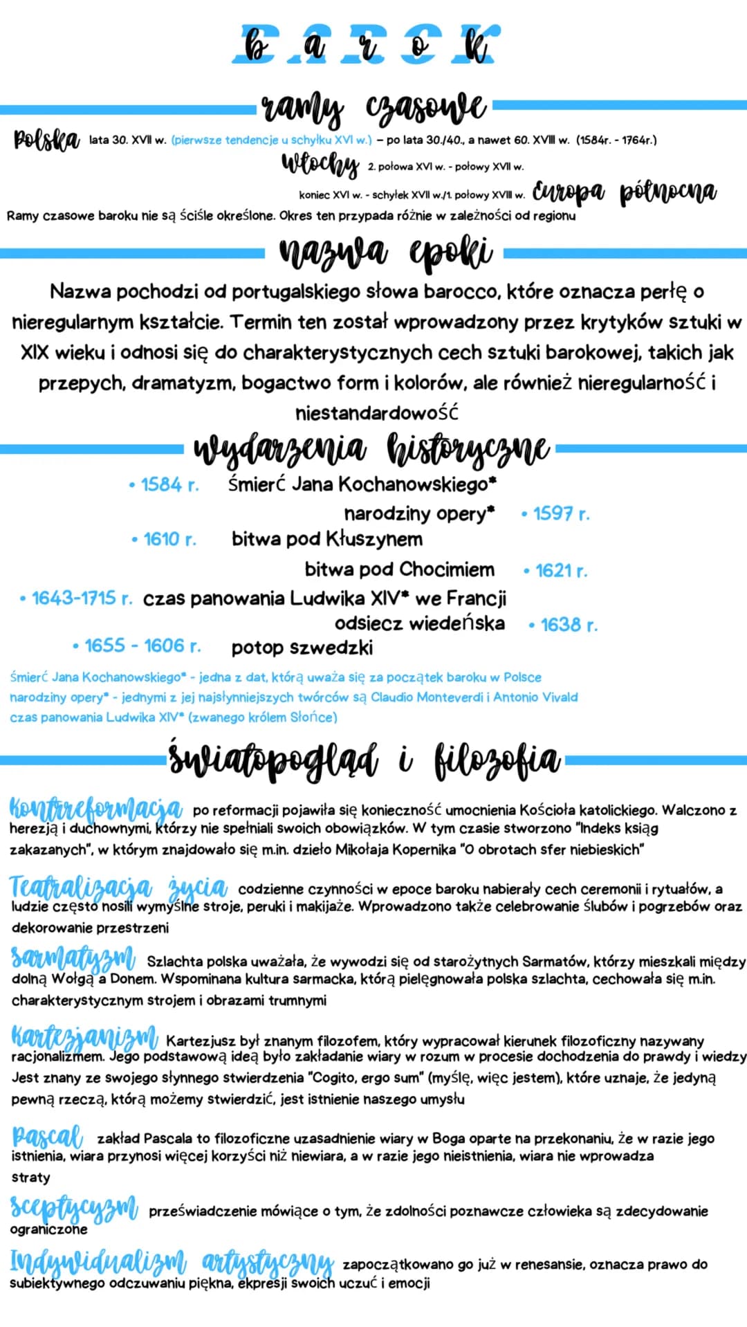 b a r o k
· ramy czasowe
polska lata 30. XVII w. (pierwsze tendencje u schyłku XVI w.) - po lata 30./40., a nawet 60. XVIII w. (1584r.- 1764