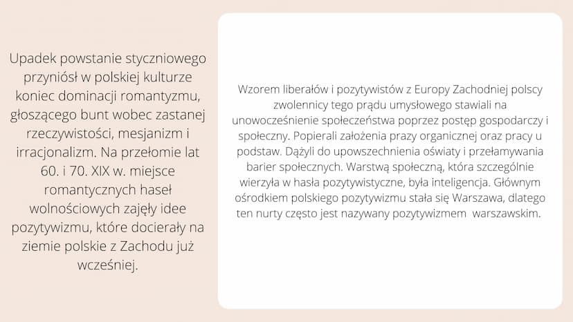 Polska kultura i nauka
przedłomu XIX i XX wieku Upadek powstanie styczniowego
przyniósł w polskiej kulturze
koniec dominacji romantyzmu,
gło