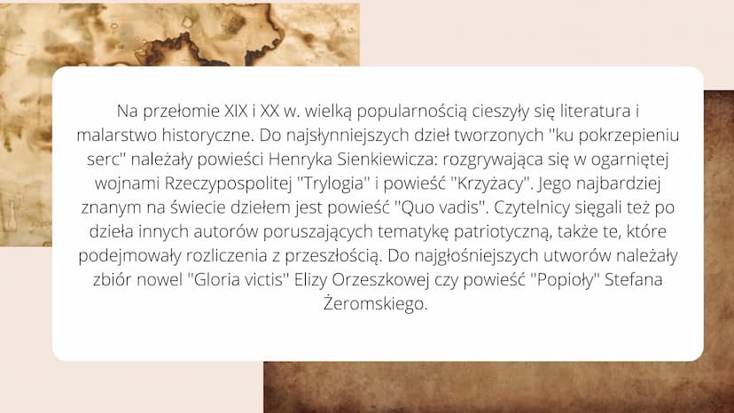 Polska kultura i nauka
przedłomu XIX i XX wieku Upadek powstanie styczniowego
przyniósł w polskiej kulturze
koniec dominacji romantyzmu,
gło