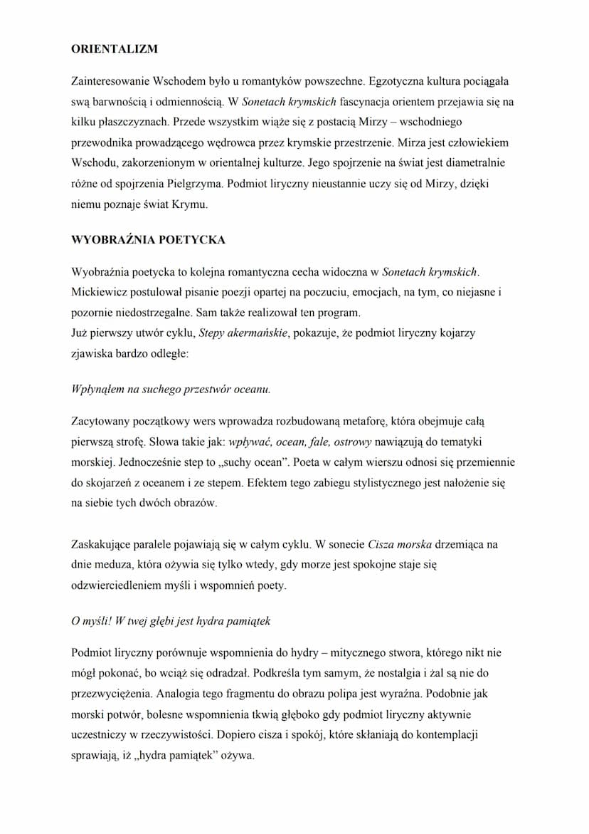 Cechy romantyczne w Sonetach krymskich
Sonety krymskie to cykl osiemnastu utworów napisanych przez Adama Mickiewicza w 1825
roku. Było to za