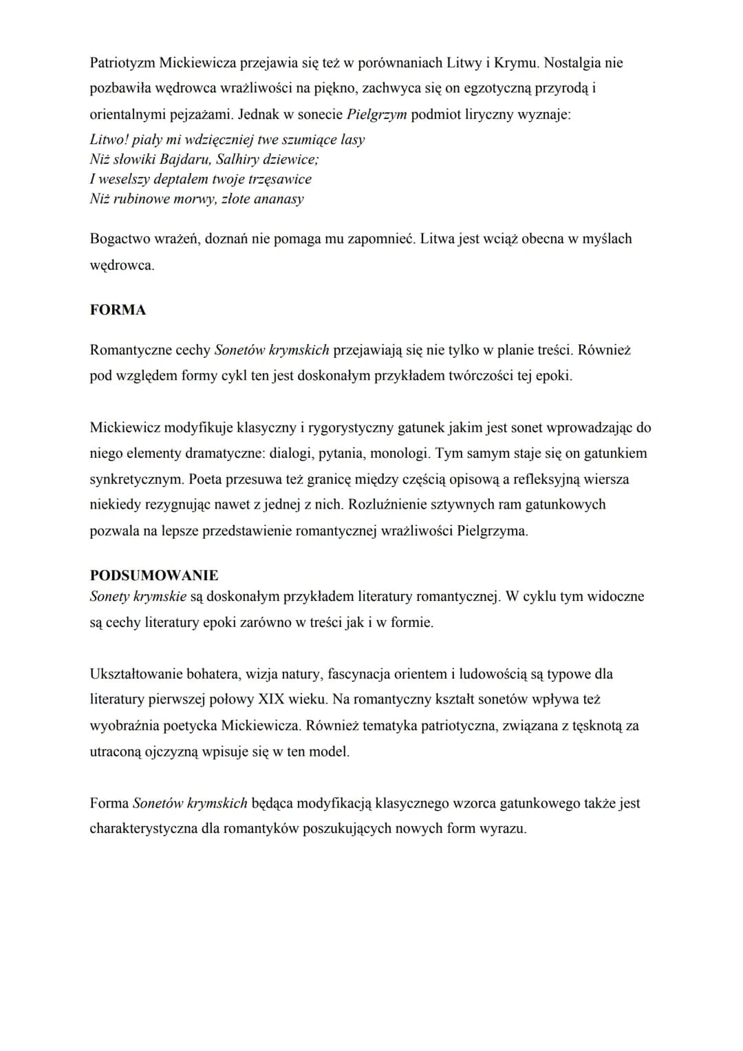 Cechy romantyczne w Sonetach krymskich
Sonety krymskie to cykl osiemnastu utworów napisanych przez Adama Mickiewicza w 1825
roku. Było to za