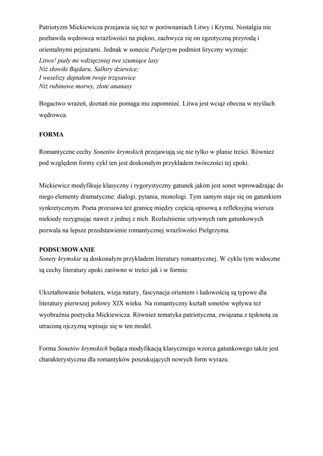 Cechy romantyczne w Sonetach krymskich
Sonety krymskie to cykl osiemnastu utworów napisanych przez Adama Mickiewicza w 1825
roku. Było to za