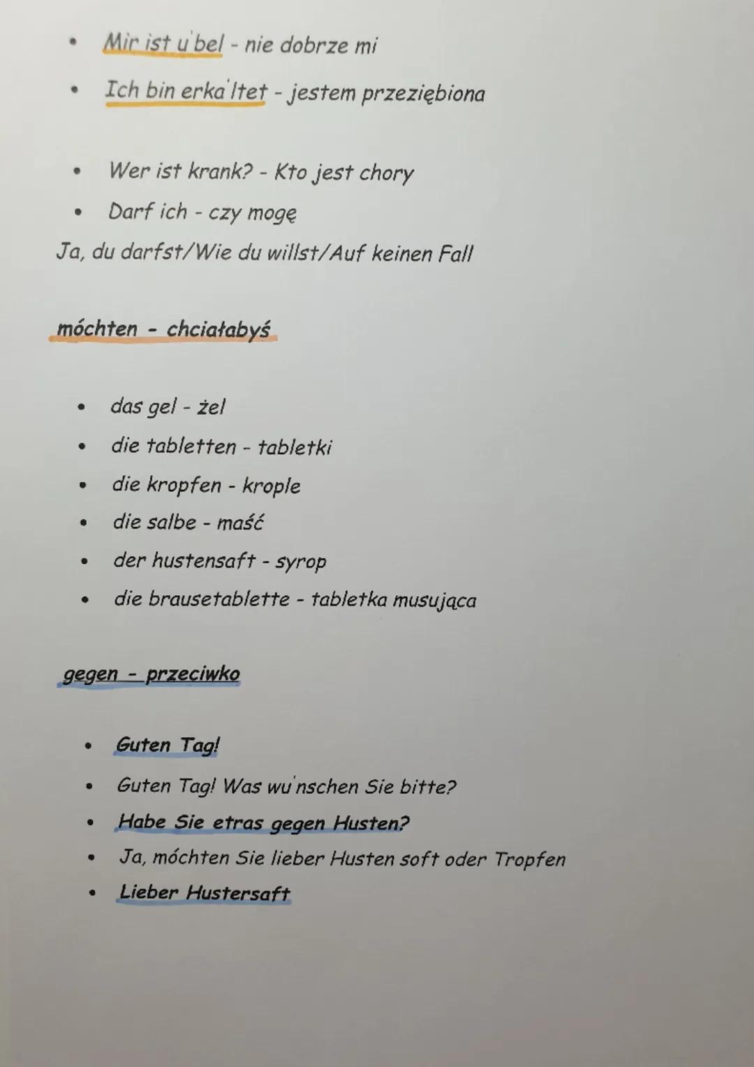 ●
●
●
●
●
●
●
●
●
der mund - usta
der hals - szyja
der zahn - ząb
der kopf - głowa
der bauch - brzuch
der fuss-stopa
der arm - ramię
der ru 