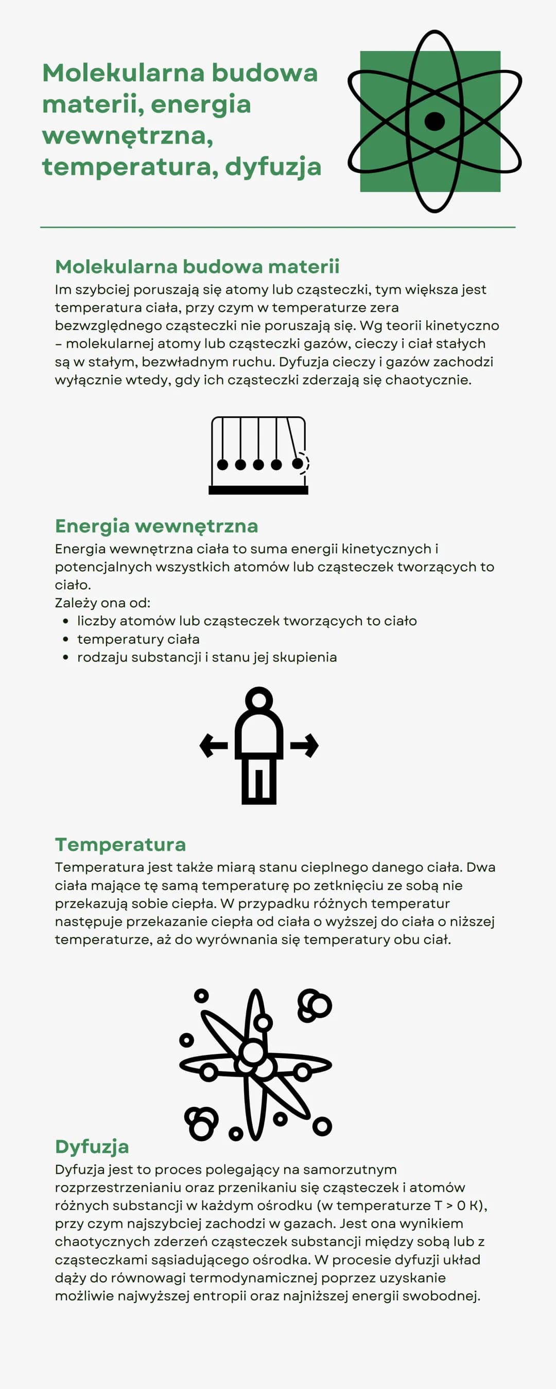 Molekularna budowa
materii, energia
wewnętrzna,
temperatura, dyfuzja
Molekularna budowa materii
Im szybciej poruszają się atomy lub cząstecz