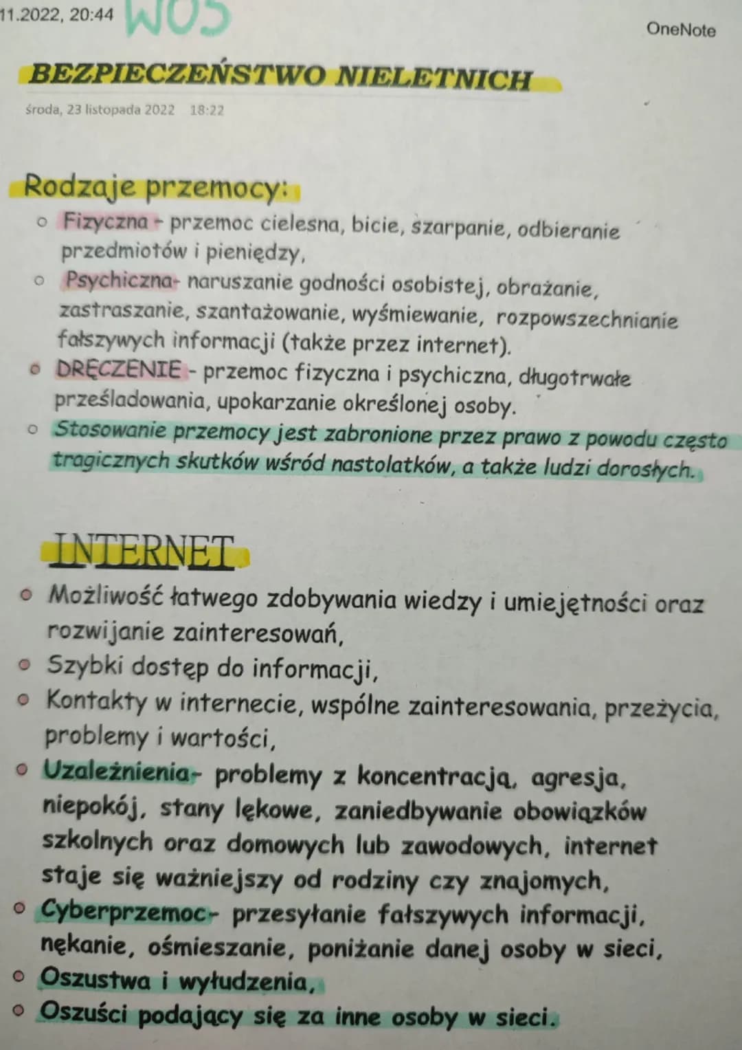 11.2022, 20:44 OS
BEZPIECZEŃSTWO NIELETNICH
środa, 23 listopada 2022 18:22
OneNote
Rodzaje przemocy:
o Fizyczna + przemoc cielesna, bicie, s