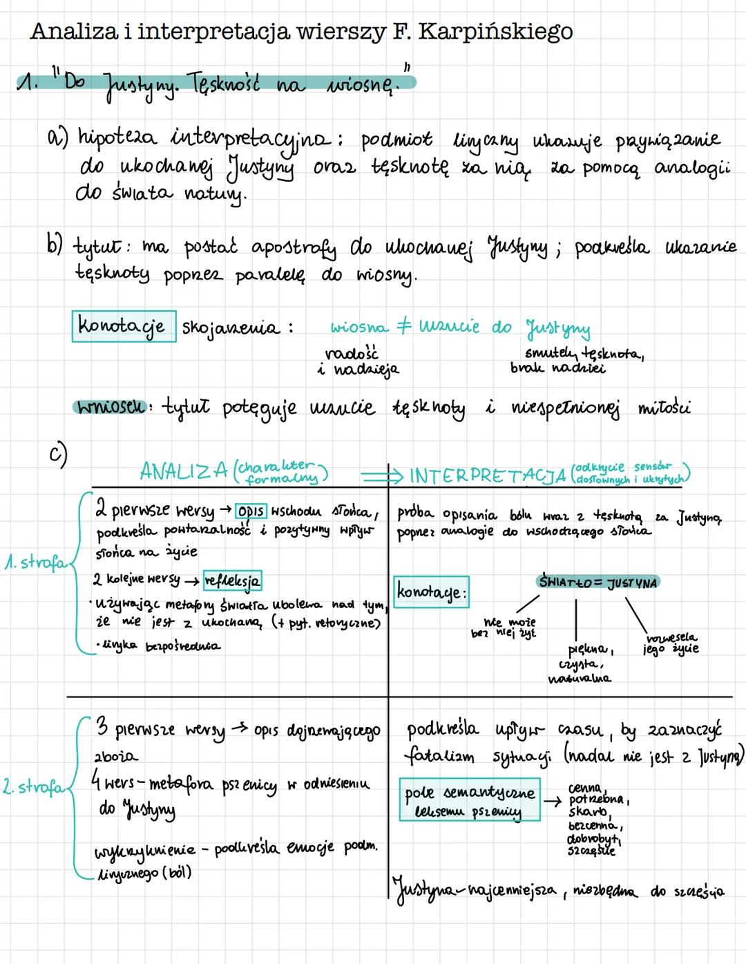 Analiza i interpretacja wierszy F. Karpińskiego
h
1. "Do Justyny. Tęskność na wiosnę.
a) hipoteza interpretacyjno: podmiot linyczny ukazuje 
