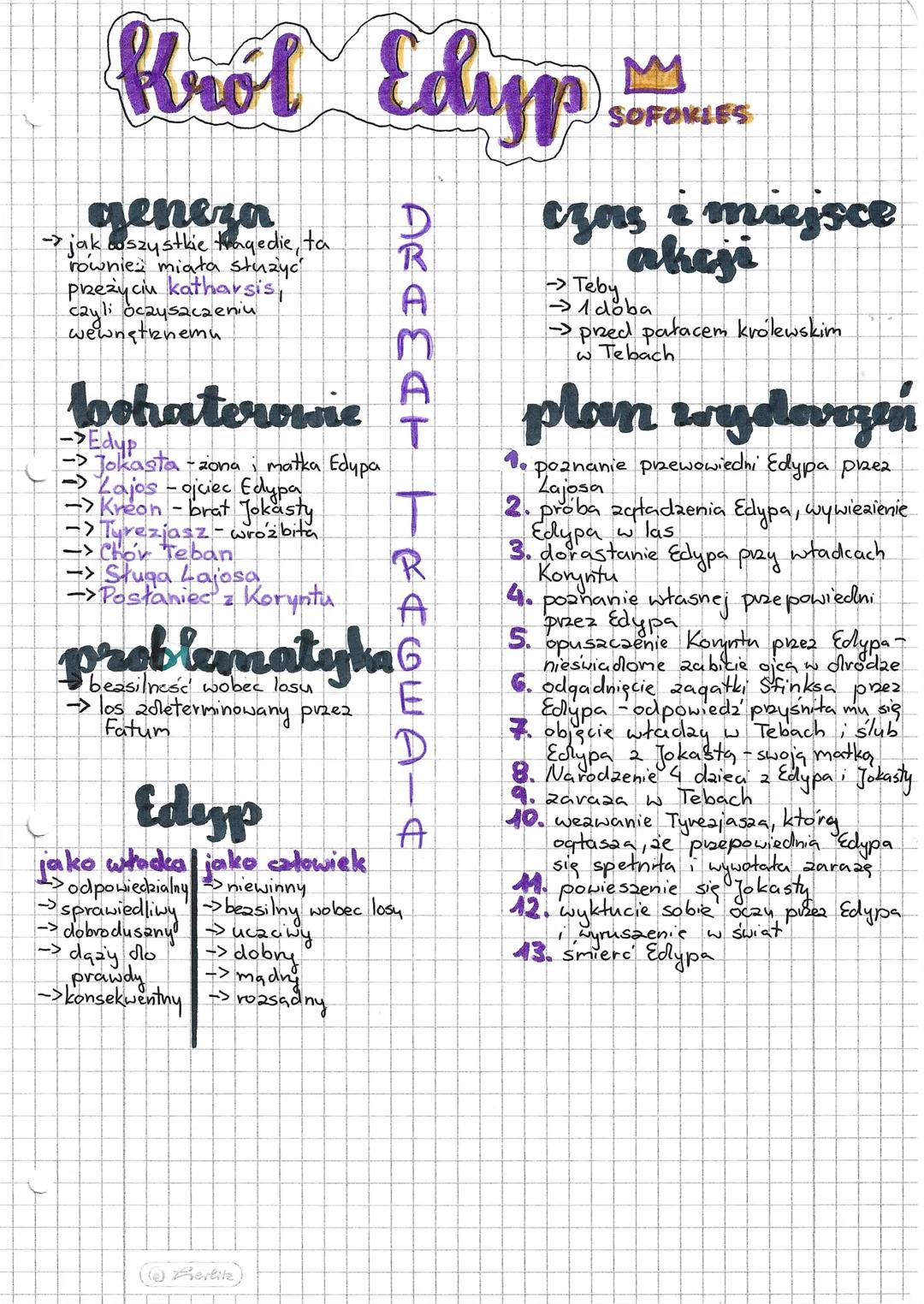 # Król Edyp 

**Sofokles**

## geneza
- jak wszystkie tragedie, ta również miała służyć przeżyciu *katharsis* i całości oczyszczeniu wewnętr