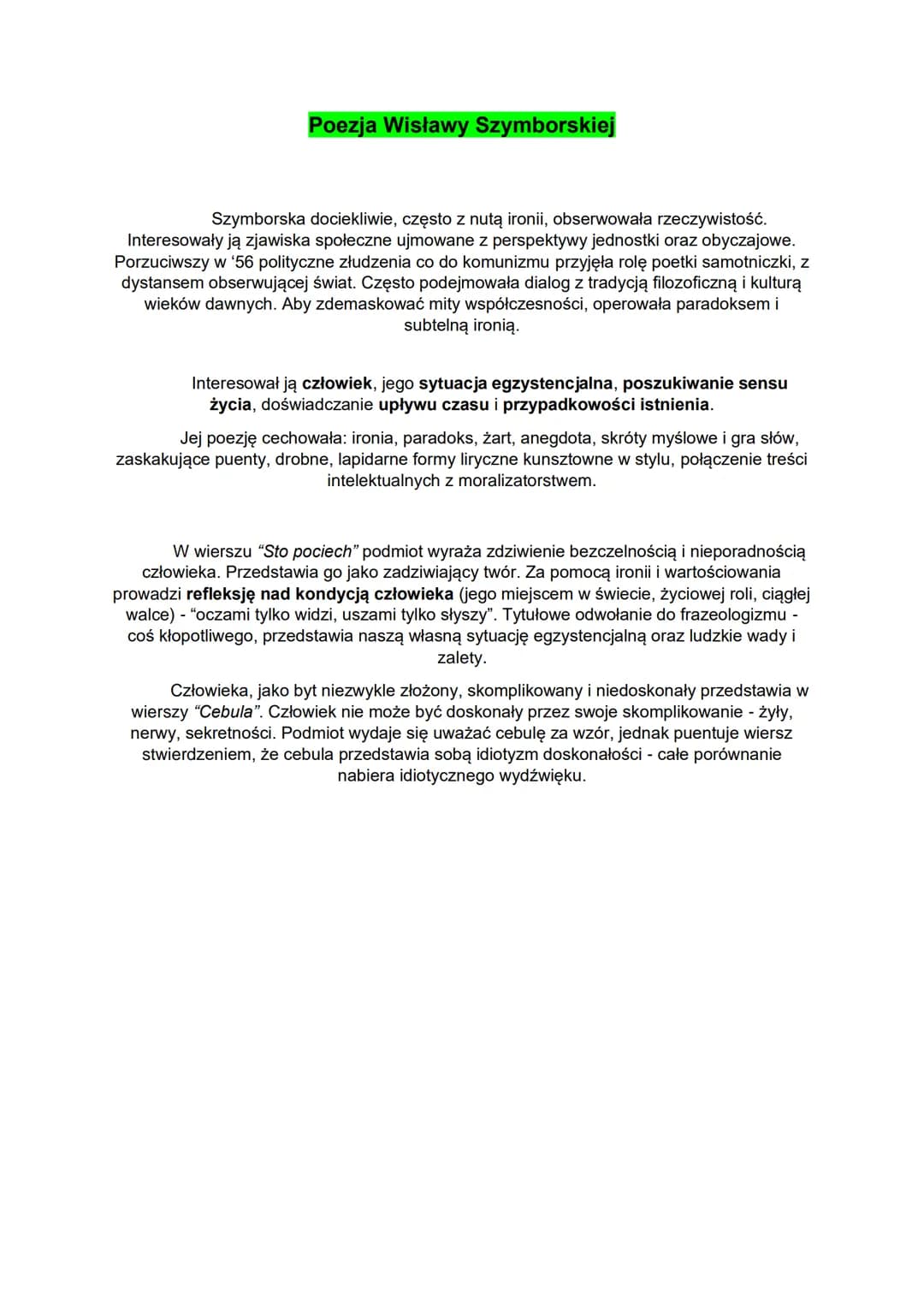 Poezja Wisławy Szymborskiej
Szymborska dociekliwie, często z nutą ironii, obserwowała rzeczywistość.
Interesowały ją zjawiska społeczne ujmo