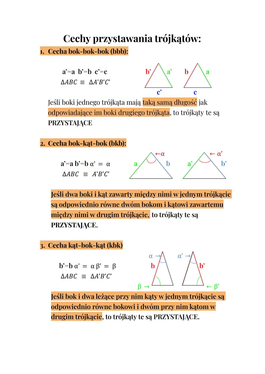 Cechy przystawania trójkątów:
1. Cecha bok-bok-bok (bbb):
a' a b' b c'=c
AABC = AA'B'C'
2. Cecha bok-kąt-bok (bkb):
a' a b'=b a' = α
AABC = 