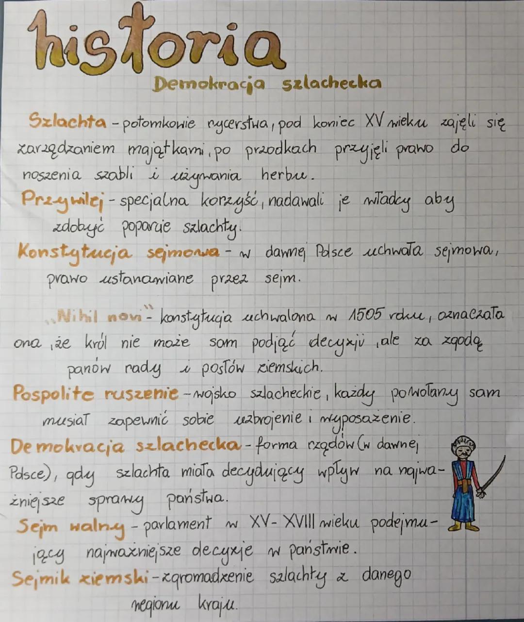 historia
Demokracja szlachecka
Szlachta - potomkowie rycerstwa, pod koniec XV wieku zajęli się
zarządzaniem majątkami, po przodkach przyjęli