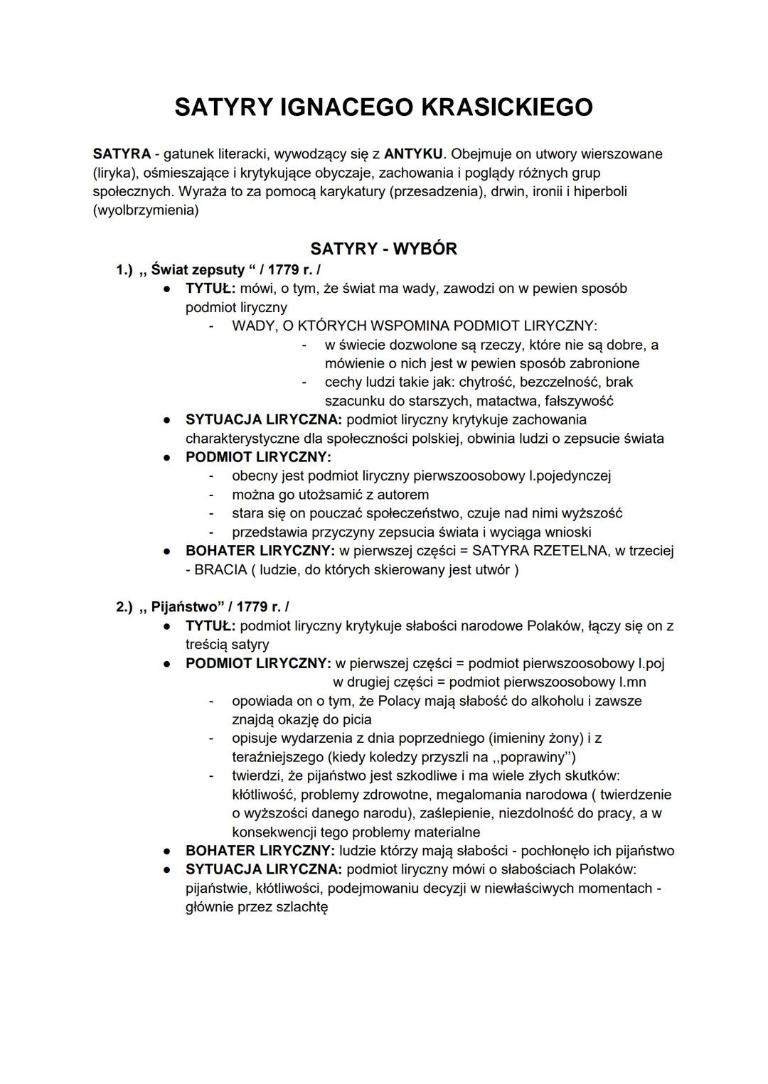 # SATYRY IGNACEGO KRASICKIEGO

SATYRA - gatunek literacki, wywodzący się z ANTYKU. Obejmuje on utwory wierszowane
(liryka), ośmieszające i k