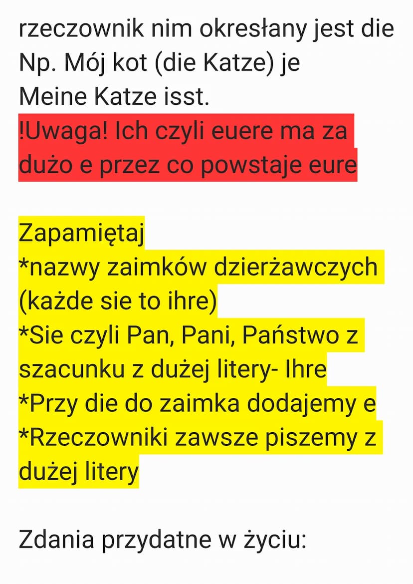 Zaimki dzierżawcze
Mój- mein
Twój- dein
Jego (on, ono)- sein
Jej- ihr
Nasz- unser
Wasz- euer
Pan, Pani, Państwa (Sie)- Ihr
Ich (sie)- ihr
Np