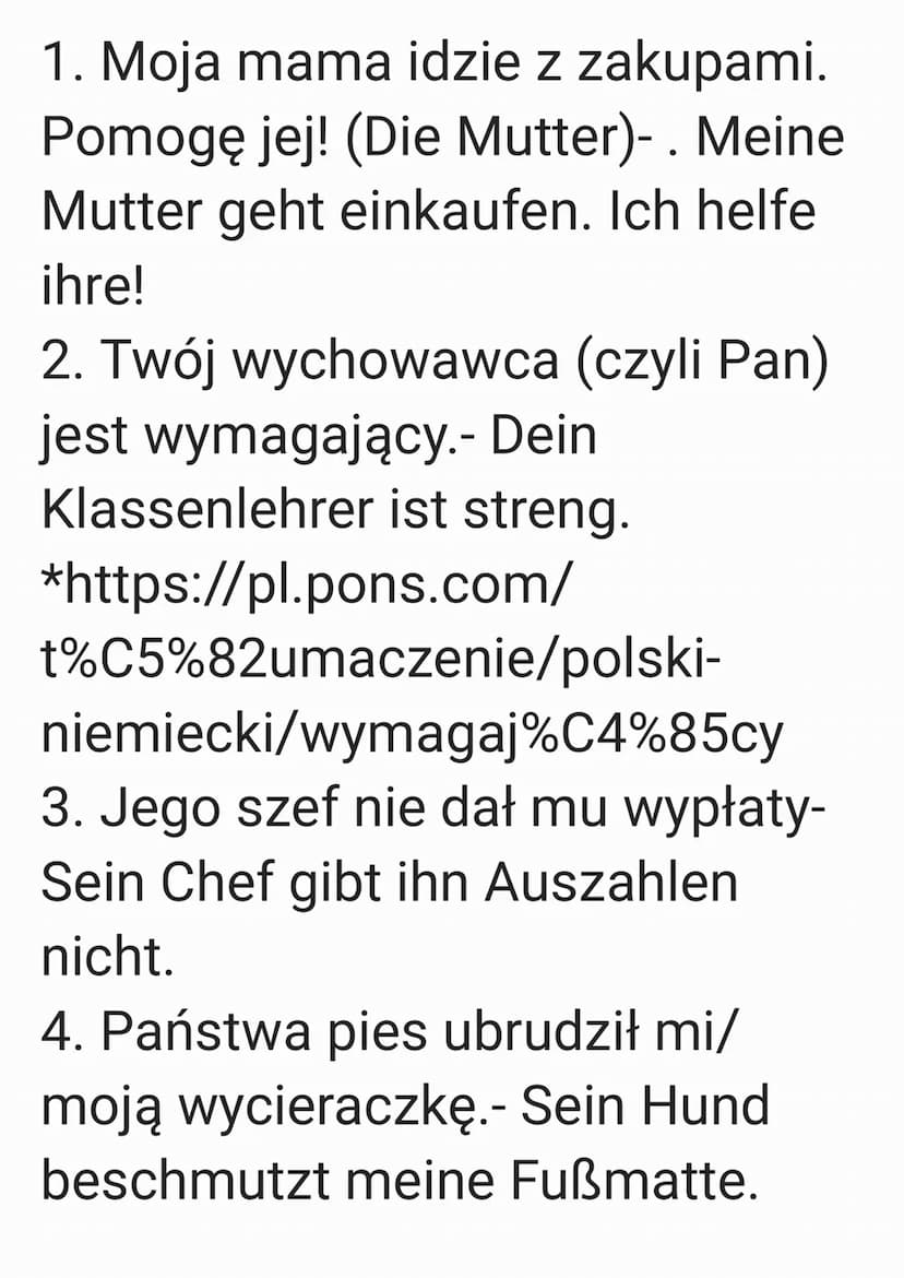 Zaimki dzierżawcze
Mój- mein
Twój- dein
Jego (on, ono)- sein
Jej- ihr
Nasz- unser
Wasz- euer
Pan, Pani, Państwa (Sie)- Ihr
Ich (sie)- ihr
Np
