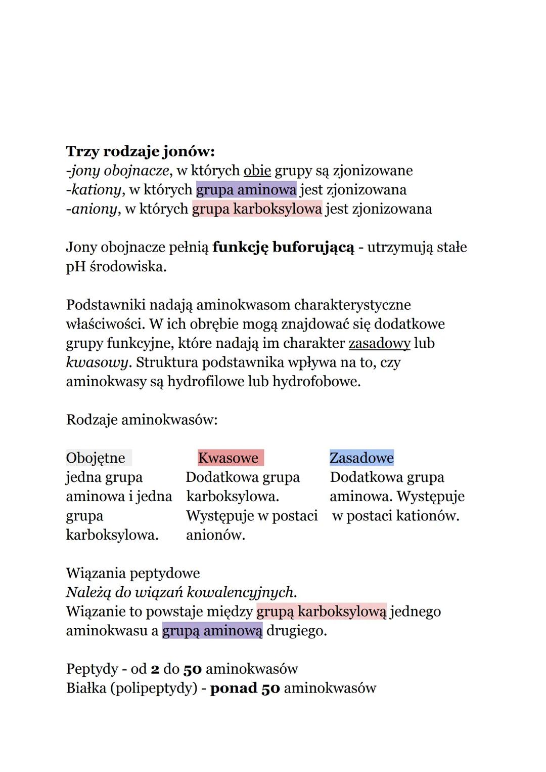 Aminokwasy. Budowa i funkcje białek
Budowa: C, N, H, Oi grupa aminowa (-NH2) i grupa
karboksylowa (-COOH)
Aminokwasy białkowe - mogą się łąc