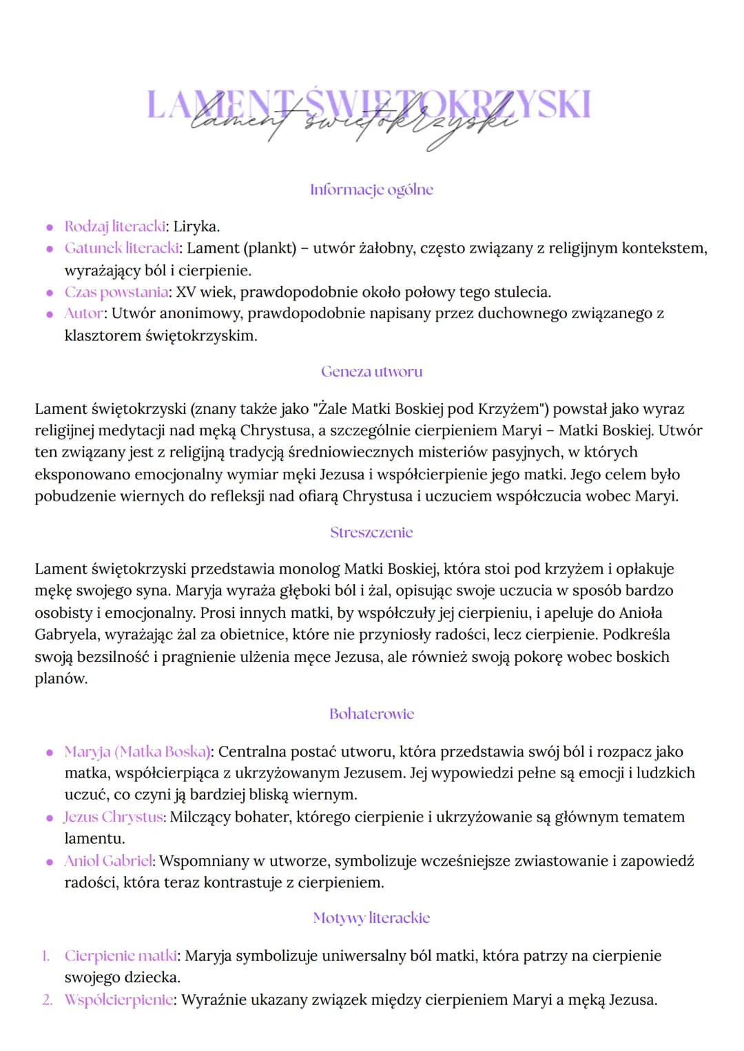 Llamen SWIĘTOKRZYSKI
Informacje ogólne
• Rodzaj literacki: Liryka.
• Gatunek literacki: Lament (plankt) - utwór żałobny, często związany z r