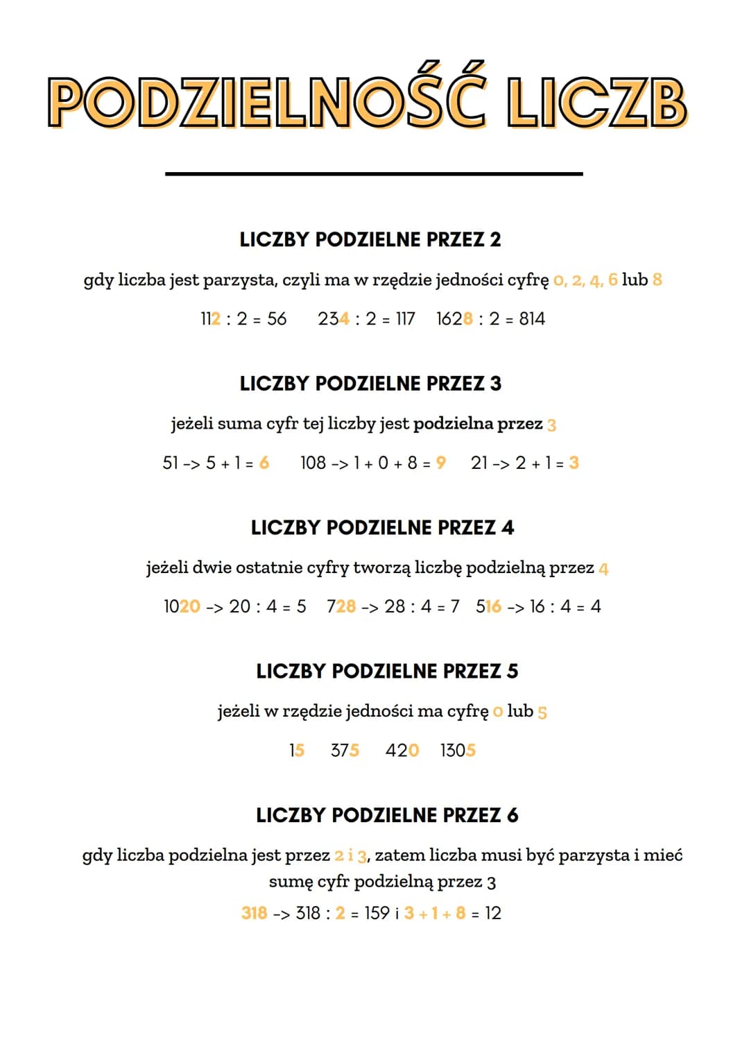 PODZIELNOŚĆ LICZB
LICZBY PODZIELNE PRZEZ 2
gdy liczba jest parzysta, czyli ma w rzędzie jedności cyfrę 0, 2, 4, 6 lub 8
112 : 2 = 56 234 : 2