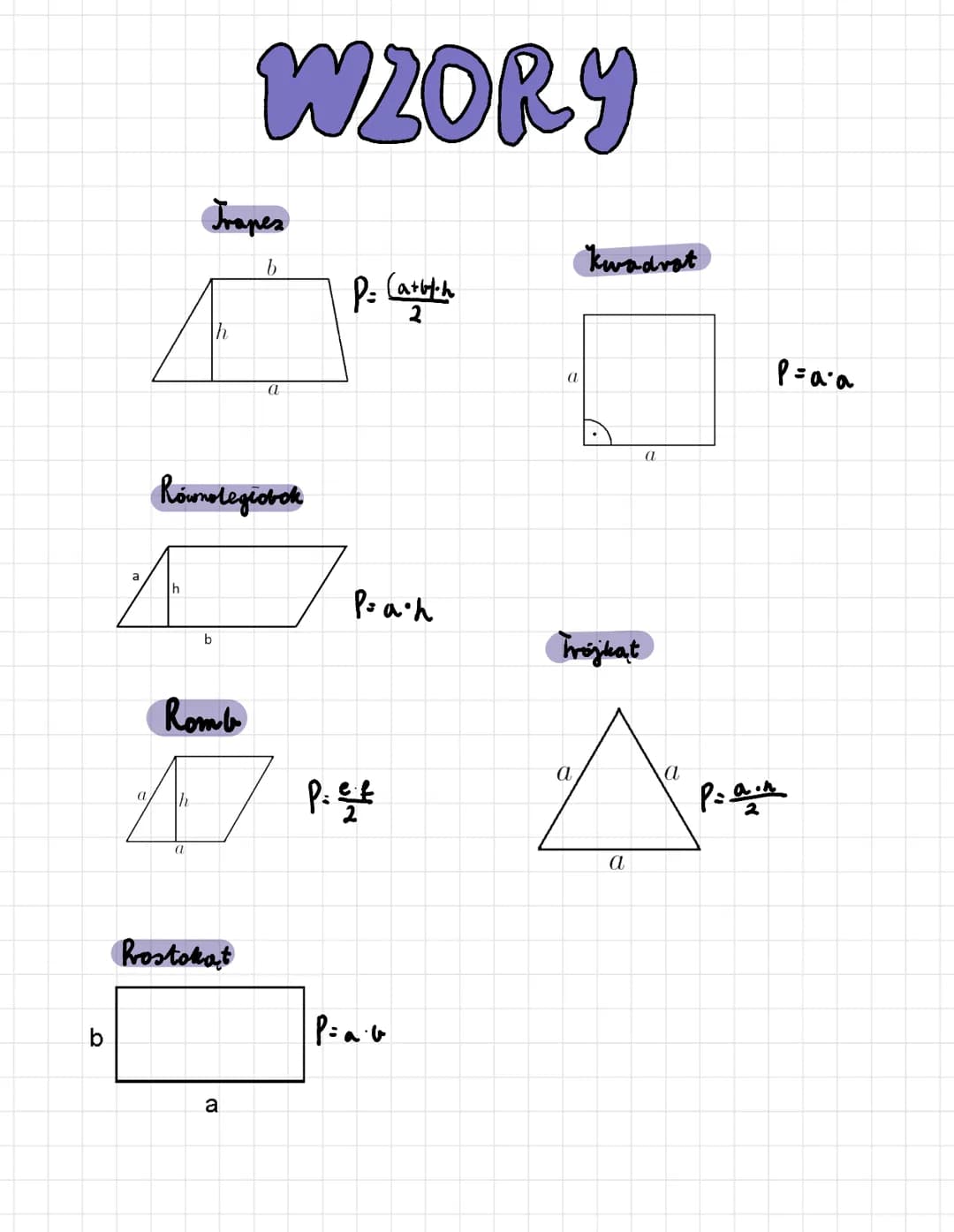 b
a
h
Trapez
b
a
h
Równoległobok
b
Romb
WZORY
Prostokat
a
a
P= (a+by-h
2
P=a•h
Piee
P=a.
a
kwadrat
a
Trójkąt
a
An
a
P=a•a
P=a.A