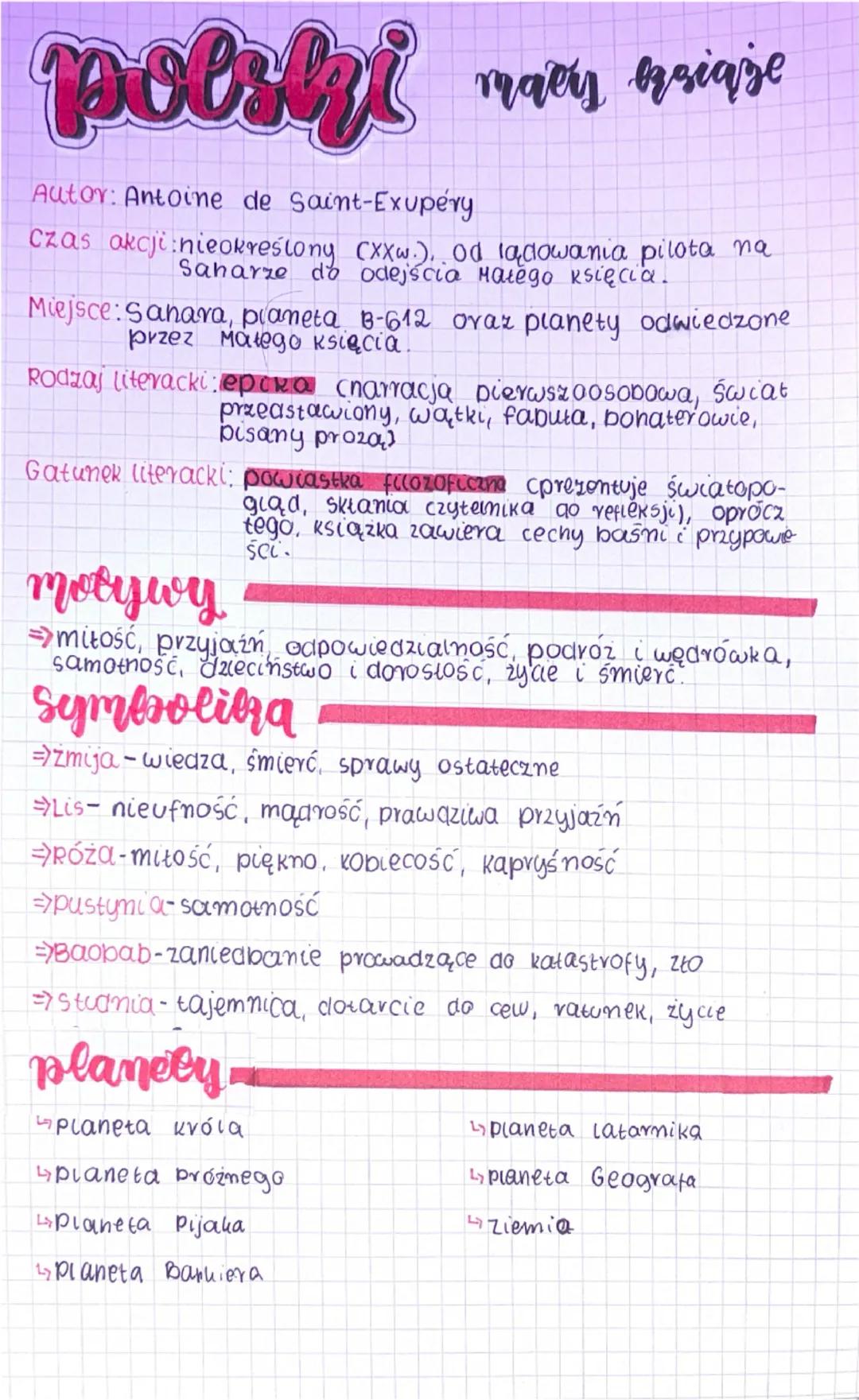 --- OCR Start ---
polski maey brigje
Autor: Antoine de Saint-Exupéry
Czas akcji: nieokreślony (XXw.). Od lądowania pilota na
Saharze do odej