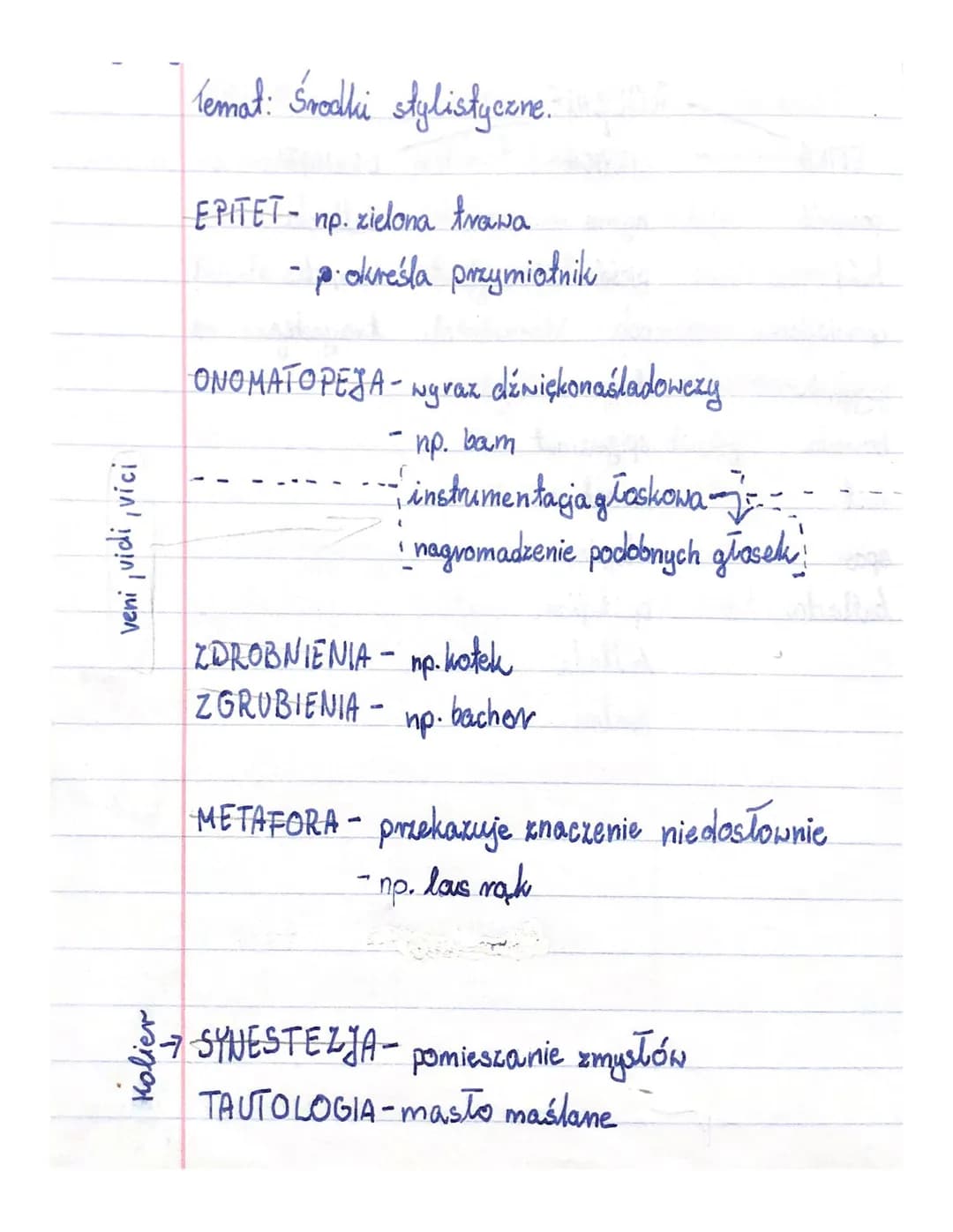 veni, vidi, vici
Kolier
Temat: środki stylistyczne.
EPITET- np. zielona trawa
- pokreśla przymiotnik
ONOMATOPEJA - Nyraz dźwiękonaśladowezy
