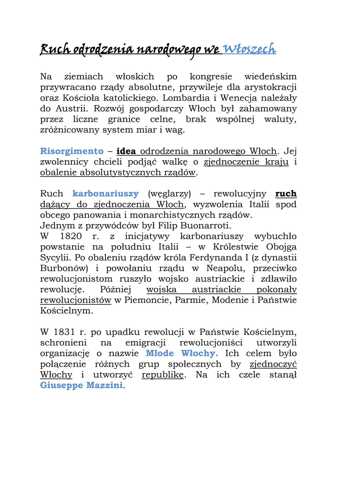 Nowy czy stary porządek w Europie
Wydarzenia w kolejności chronologicznej
1815 - zakończenie kongresu wiedeńskiego
1820 - powstanie karbonar